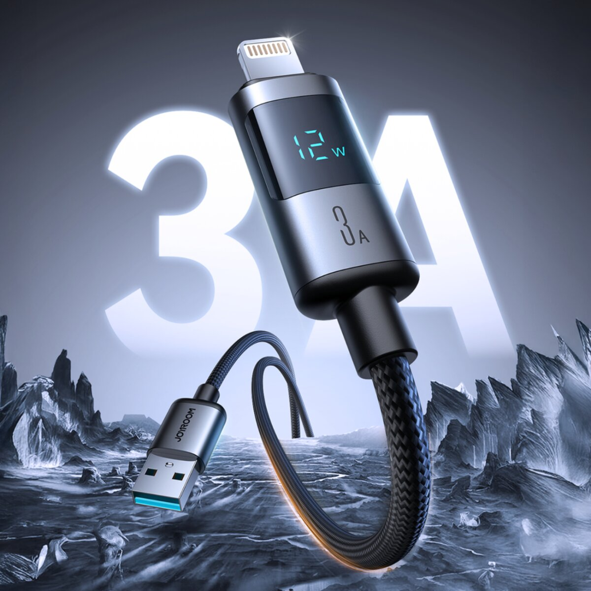 Ein Ladekabel mit digitaler Anzeige von 12W und 3A. Das Kabel ist schwarz und silber, mit USB- und Lightning-Anschluss.