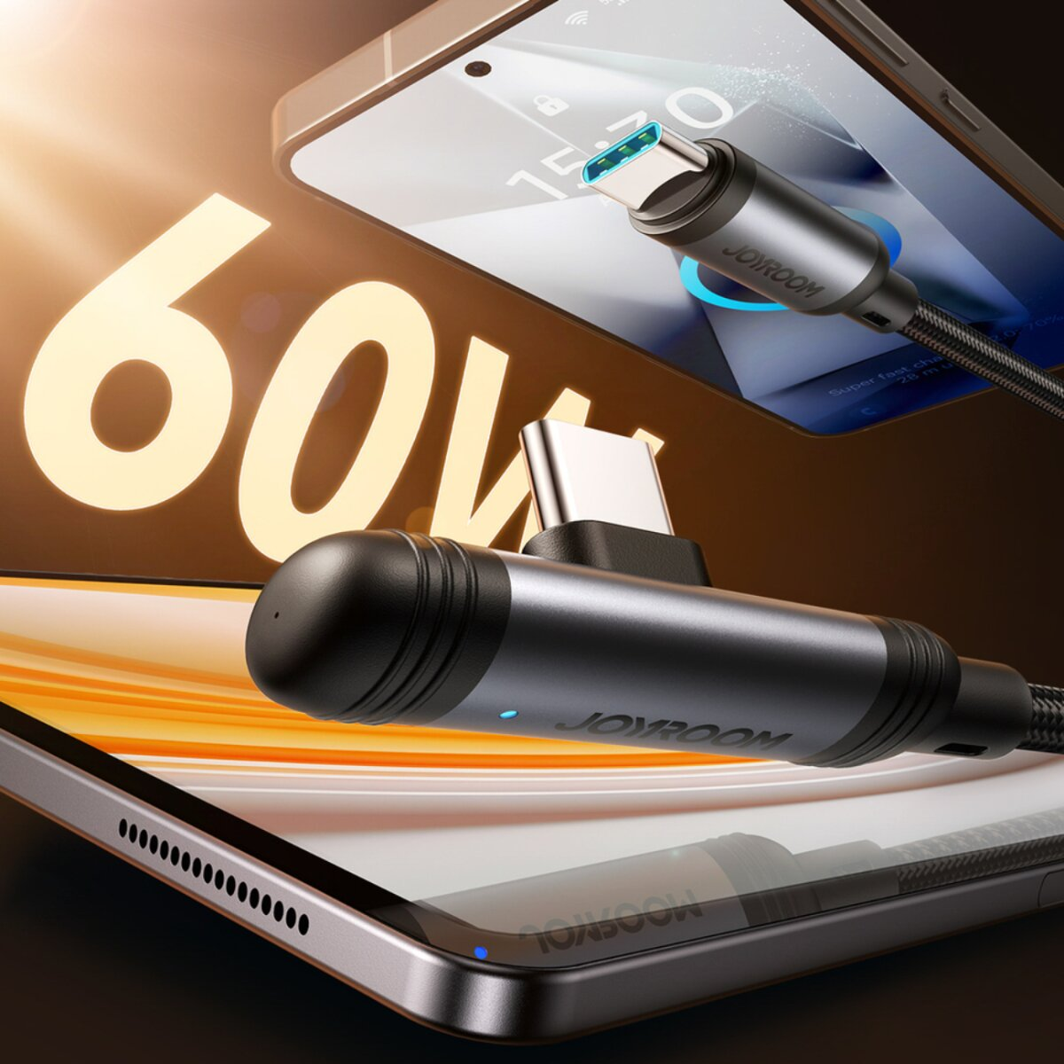 Ein Telefon und ein Tablet werden mit einem USB-C-Kabel aufgeladen. Das Kabel hat ein dunkles geflochtenes Design und ein blaues Licht. Die Zahl 60W ist sichtbar.