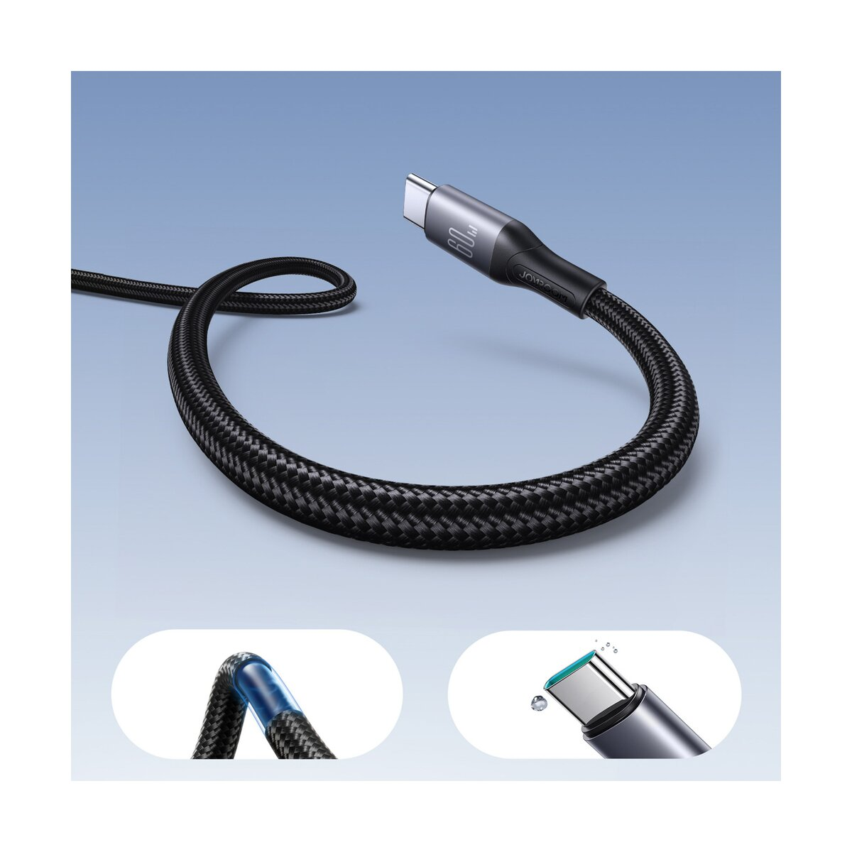 Schwarzes geflochtenes USB-C-Kabel mit grauen Steckern auf blauem Farbverlauf. Zwei Detailbilder zeigen die Kabelstruktur.