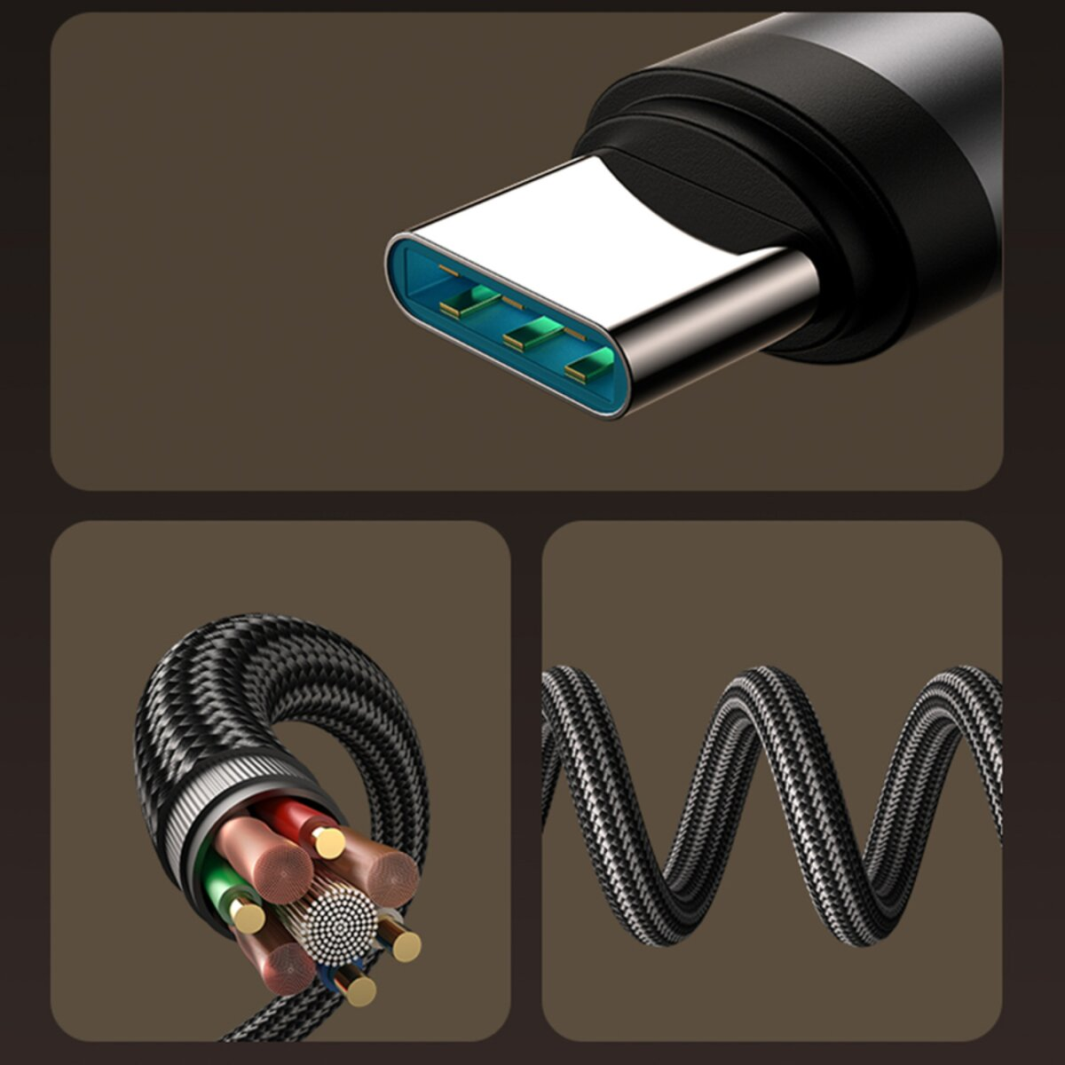 USB-C-Kabeldetails: Stecker, geflochtenes Kabel, Innenleiter. Farben: Silber, Schwarz, Grün, Rot, Braun, Gold.