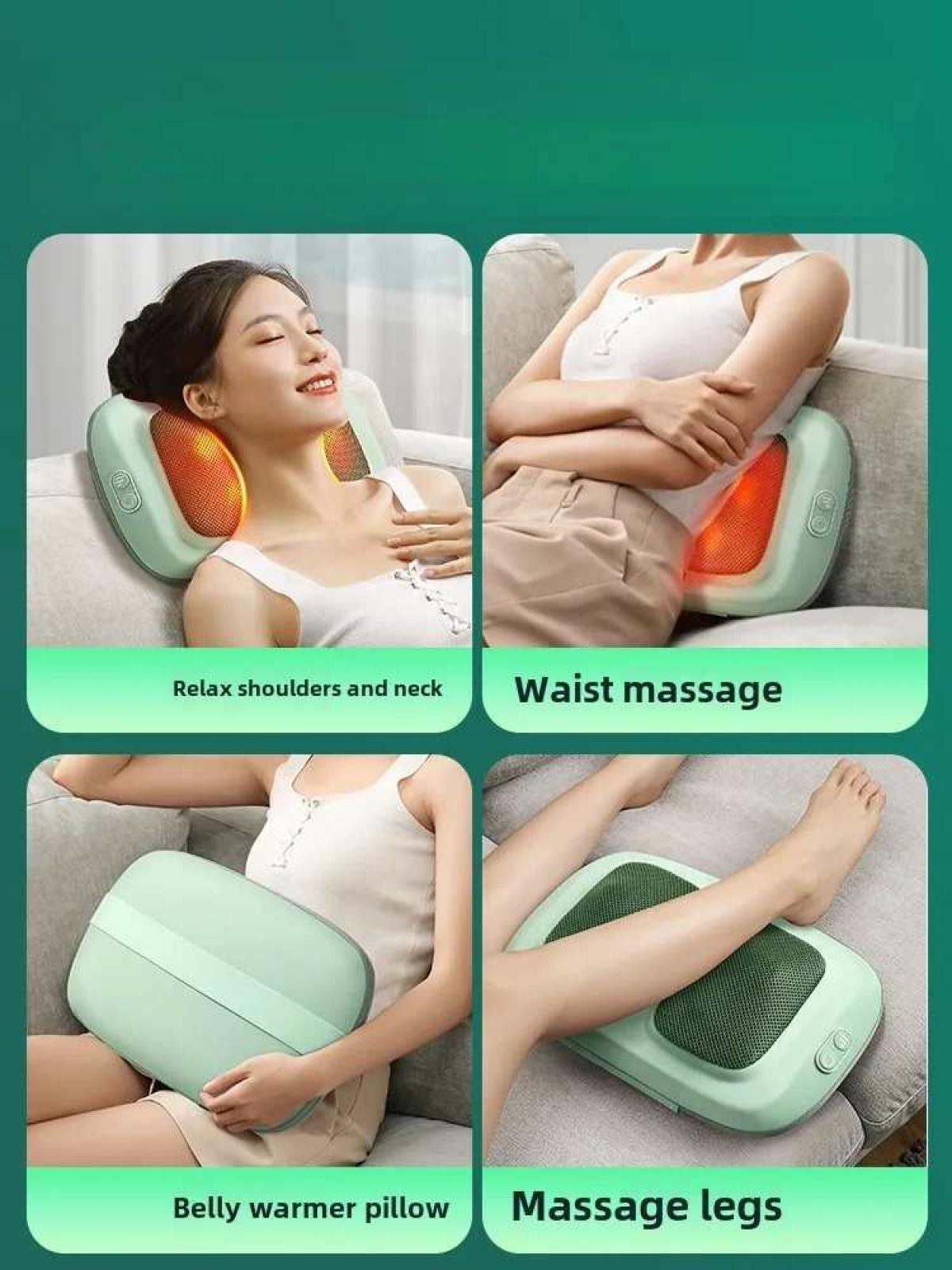 Vier Bilder zeigen ein Massagegerät an Nacken, Taille, Bauch und Beinen. Jedes mit einer Person, die das Gerät benutzt.