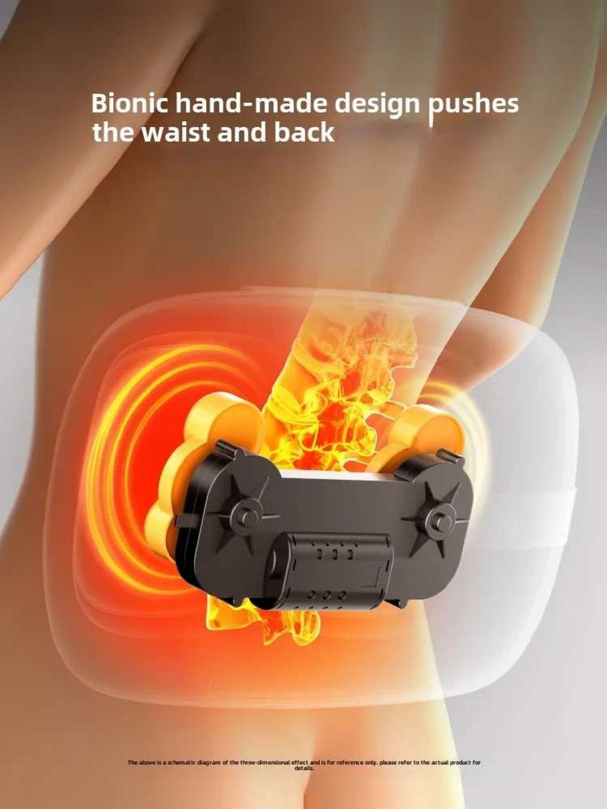 Das Bild zeigt einen Rücken mit einem Massagegerät. Das Gerät ist schwarz und gelb mit orangefarbenen und roten Glüheffekten.