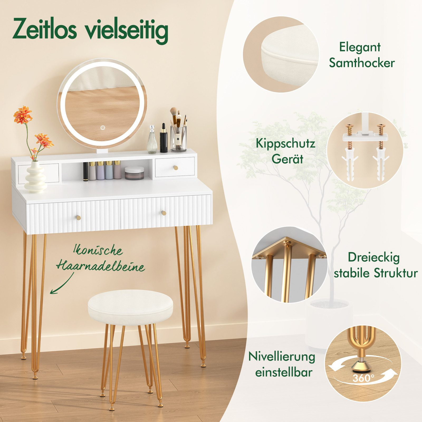 Ein weißer Schminktisch mit rundem Spiegel, Hocker und goldenen Beinen. Details umfassen Etiketten und eine Baumillustration.