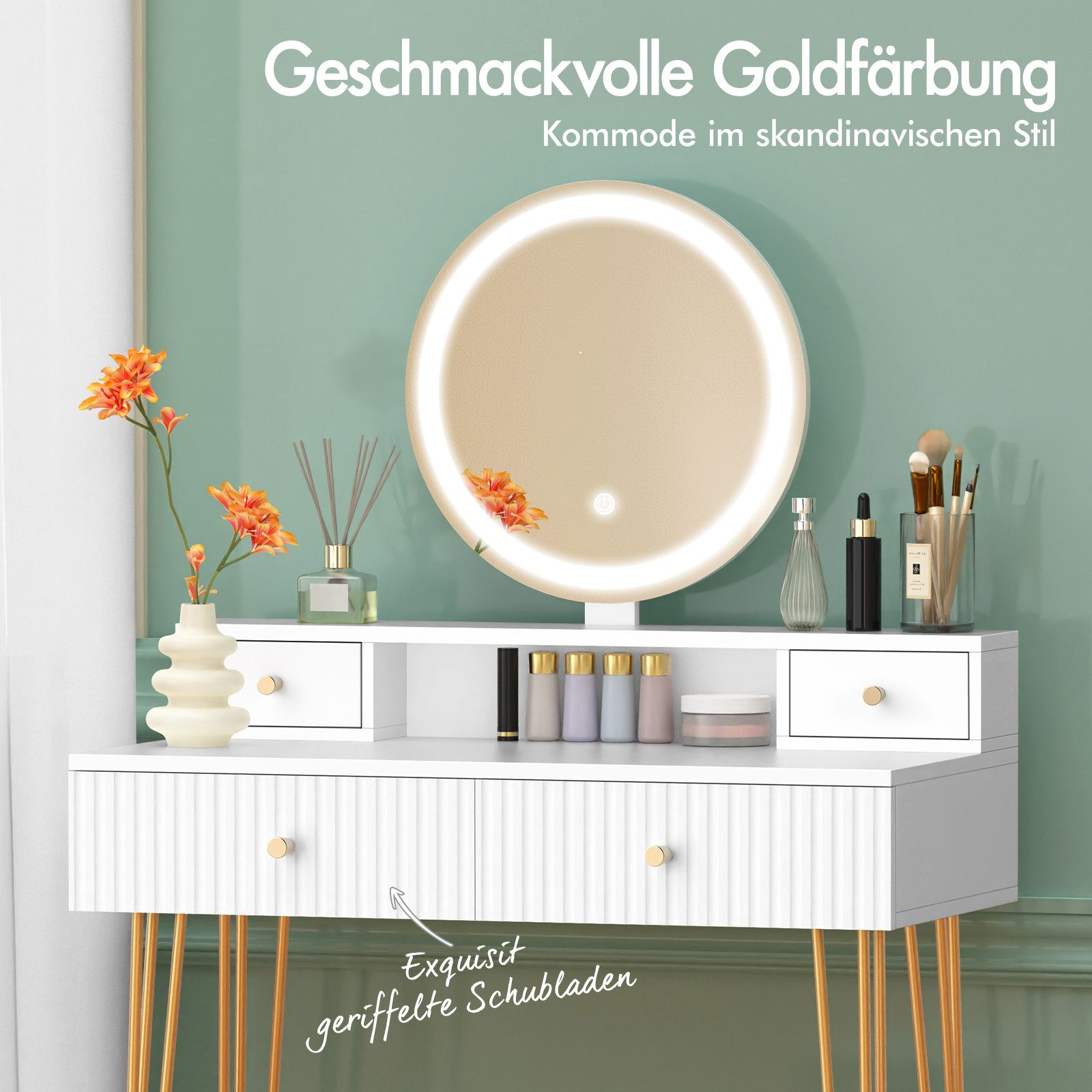 Schminktisch mit Spiegel, Blumen und Kosmetika. Weißer Tisch mit goldenen Beinen. Text: 'Geschmackvolle Goldfärbung'.