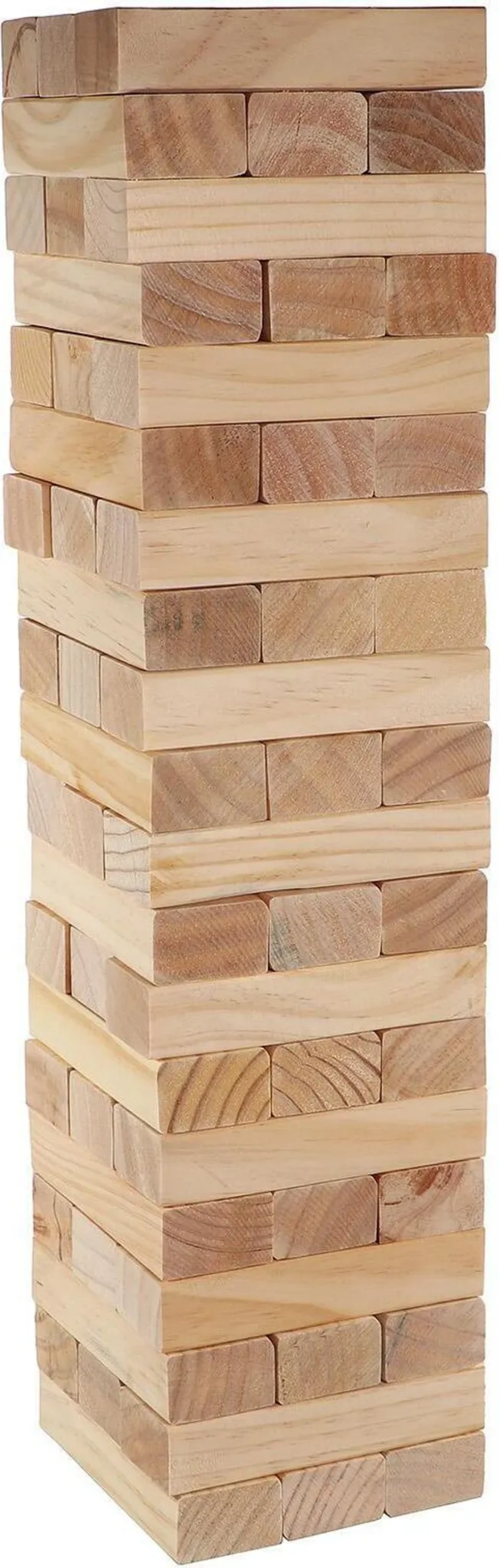 Ein Turm aus Holzblöcken ist gestapelt. Die Blöcke sind rechteckig und naturfarben. Der Turm ist hoch.