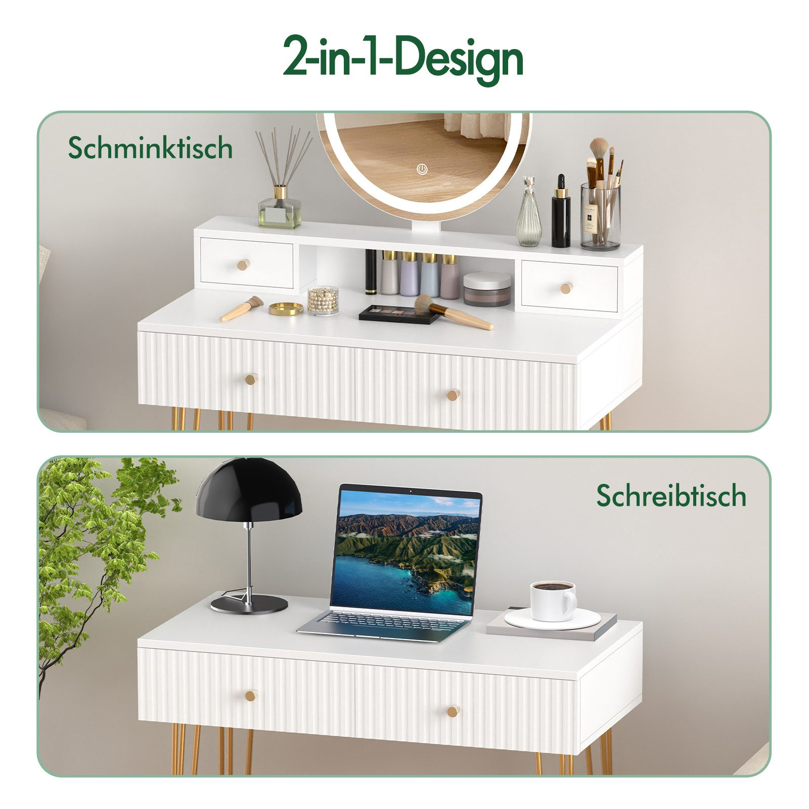 Ein weißer Schreibtisch mit zwei Bereichen. Oben: Make-up-Artikel, Spiegel. Unten: Laptop, Lampe, Kaffee.