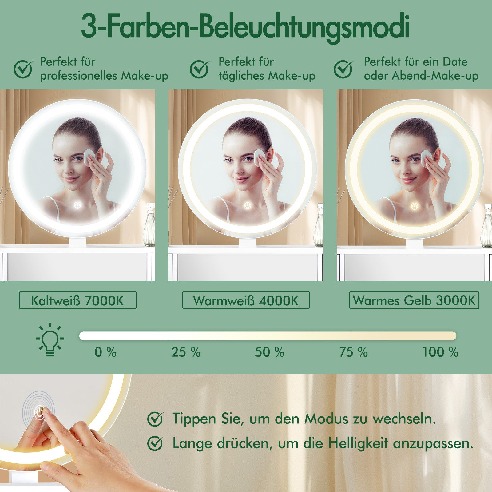 Das Bild zeigt einen Schminkspiegel mit drei Beleuchtungsmodi. Eine Frau benutzt ein Wattepad. Textdetails Modi und Helligkeit.
