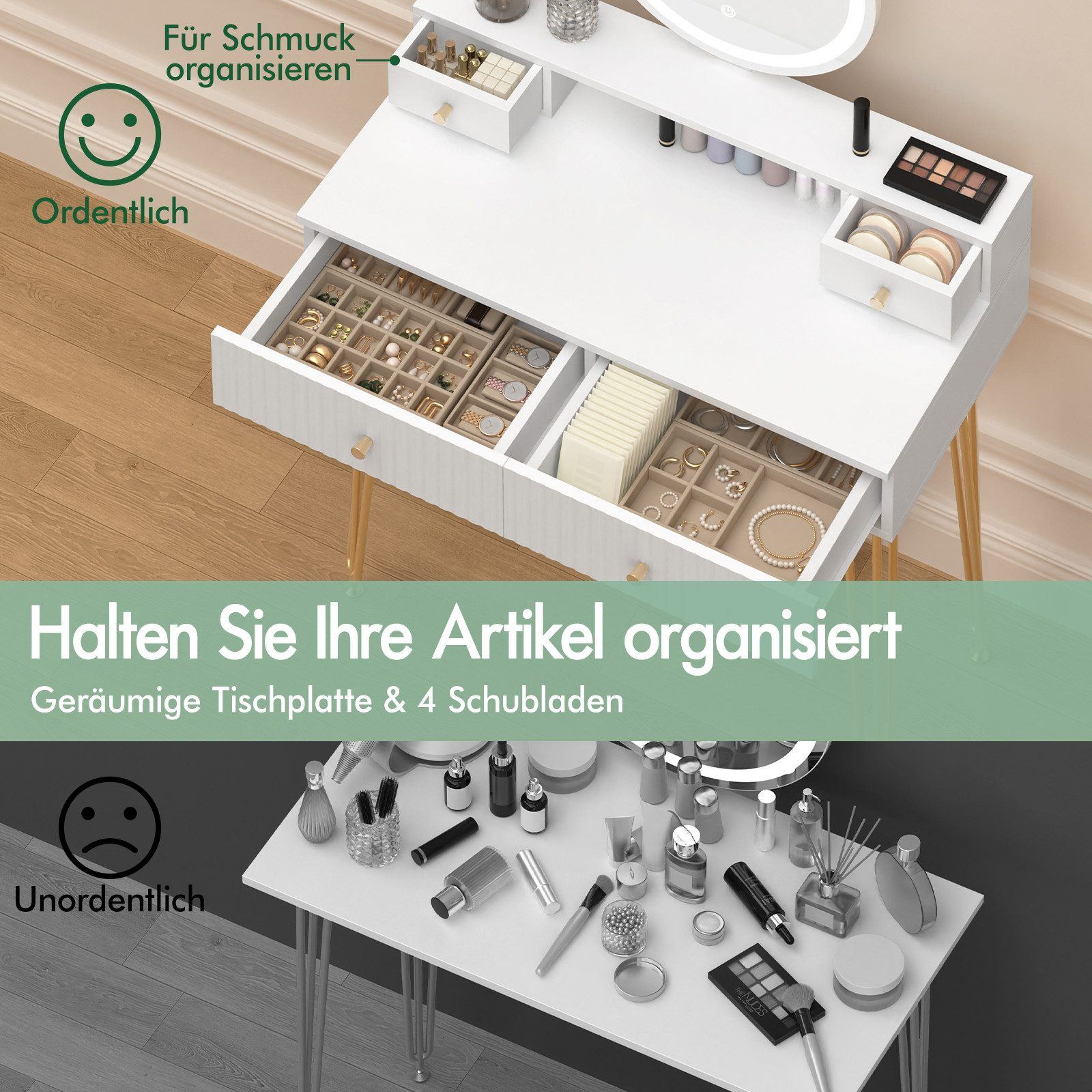 Weißer Schminktisch mit Schubladen. Obere Schublade mit Schmuck geöffnet. Unordentlich mit Kosmetika. Text: Organisieren Sie Ihre Artikel.