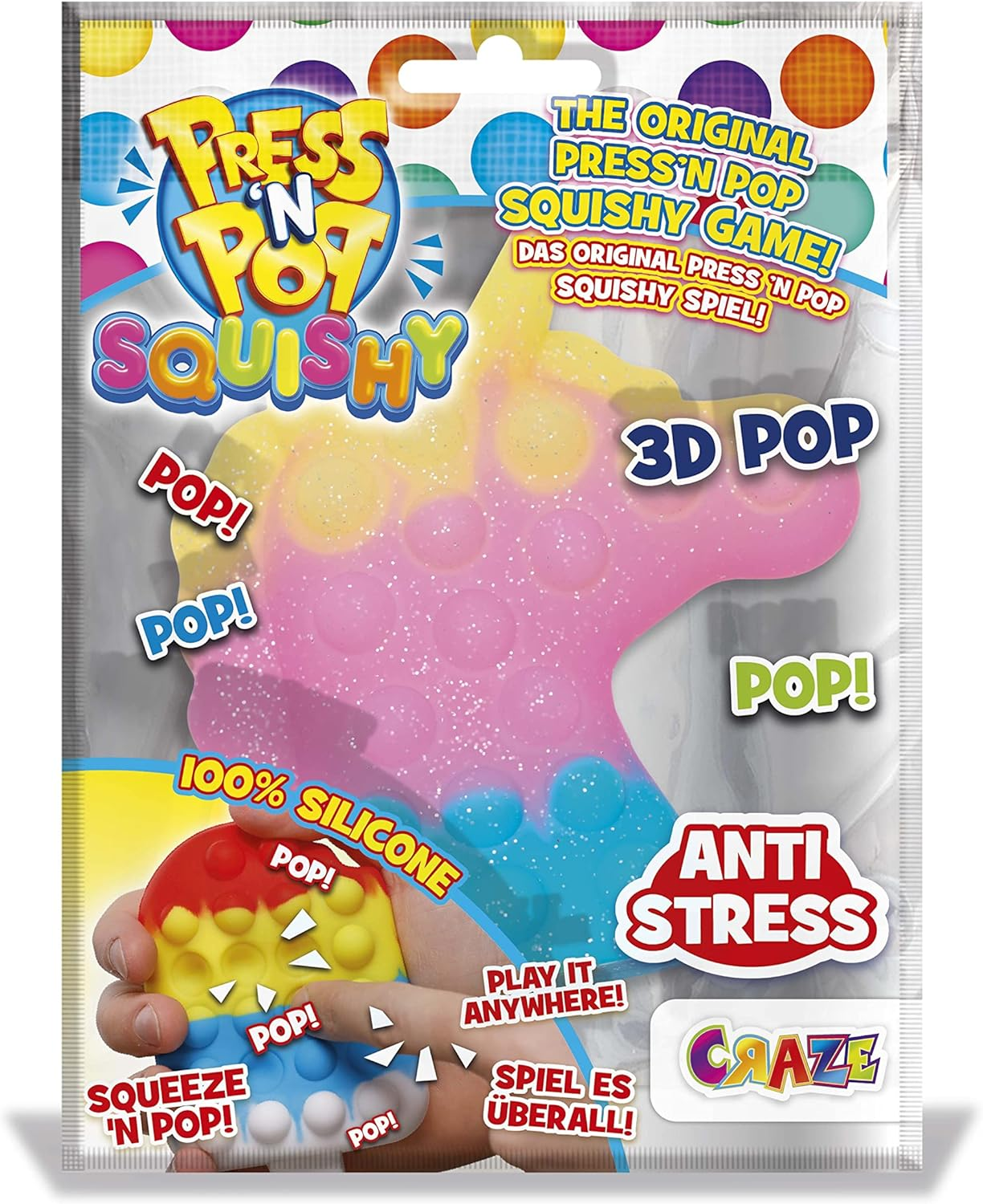 Eine Verpackung für das Spielzeug 'Press 'N Pop Squishy'. Es gibt eine Hand, die das Spielzeug hält. Die Verpackung hat bunten Text und ein einhornförmiges Spielzeug.