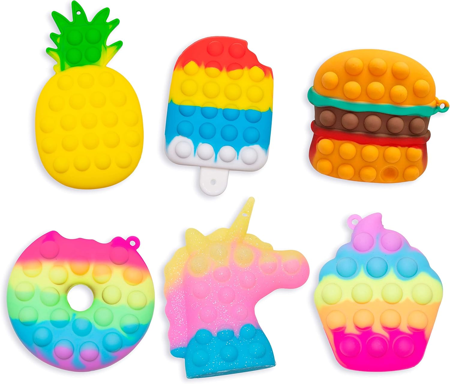 Bunte Pop-It-Spielzeuge in Form von Ananas, Eis am Stiel, Burger, Donut, Einhorn und Cupcake. Jedes hat blasenartige Texturen.