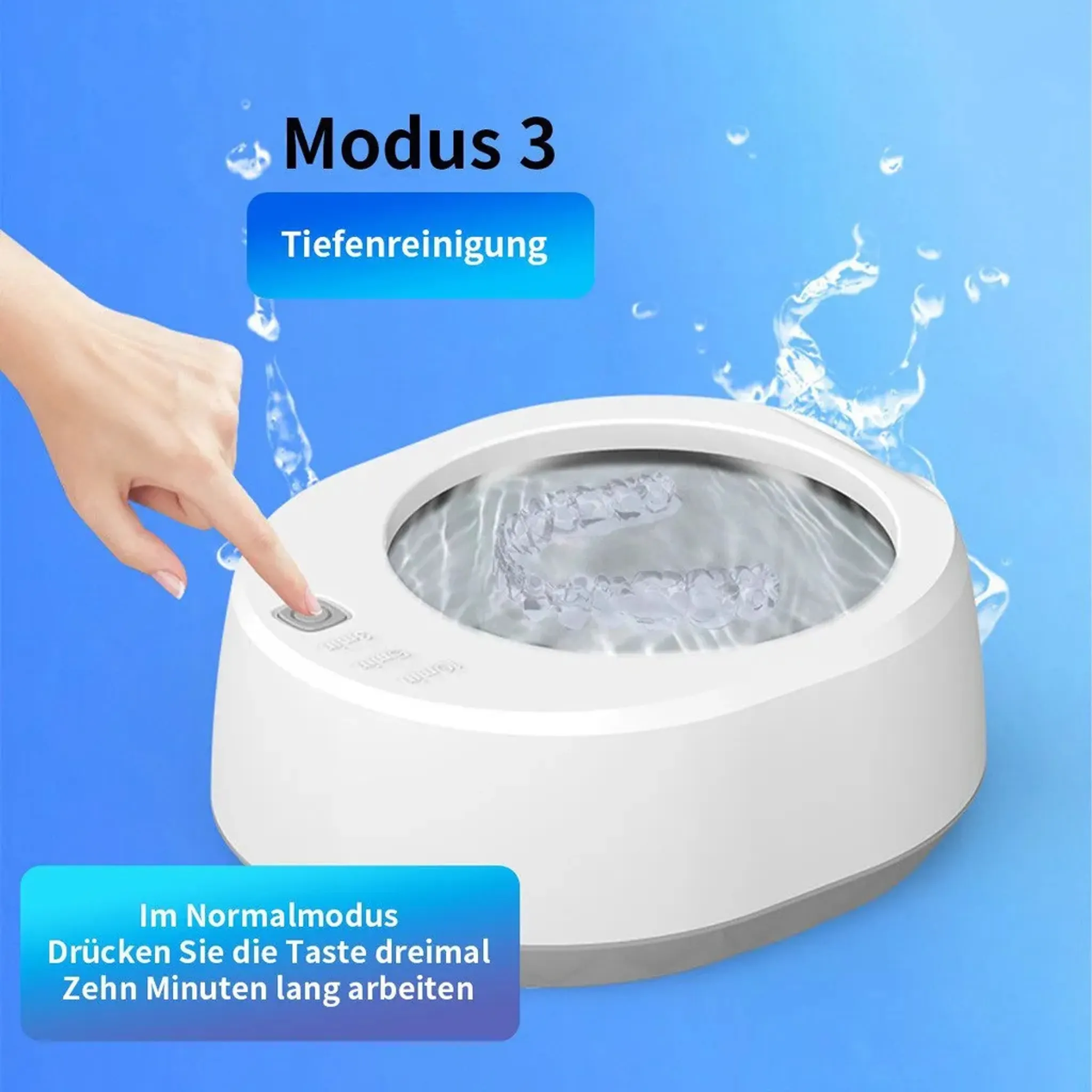 Eine Hand drückt eine Taste auf einem weißen Reinigungsgerät. Text zeigt 'Modus 3' und 'Tiefenreinigung'.