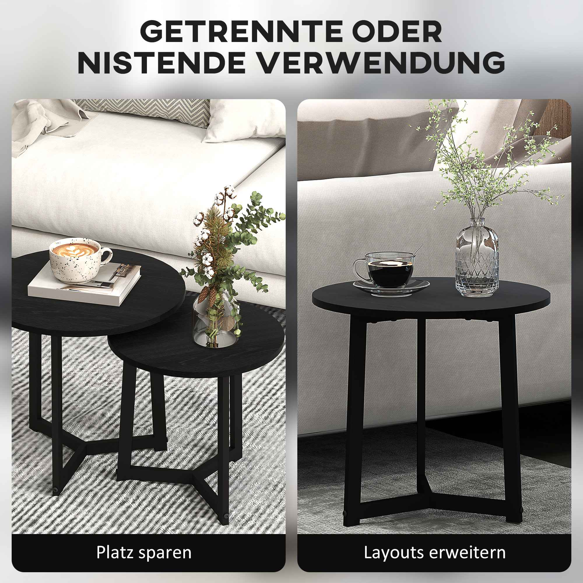 Zwei schwarze Beistelltische mit Deko. Einer hat eine Kaffeetasse, der andere Blumen. Beide stehen neben einer Couch.