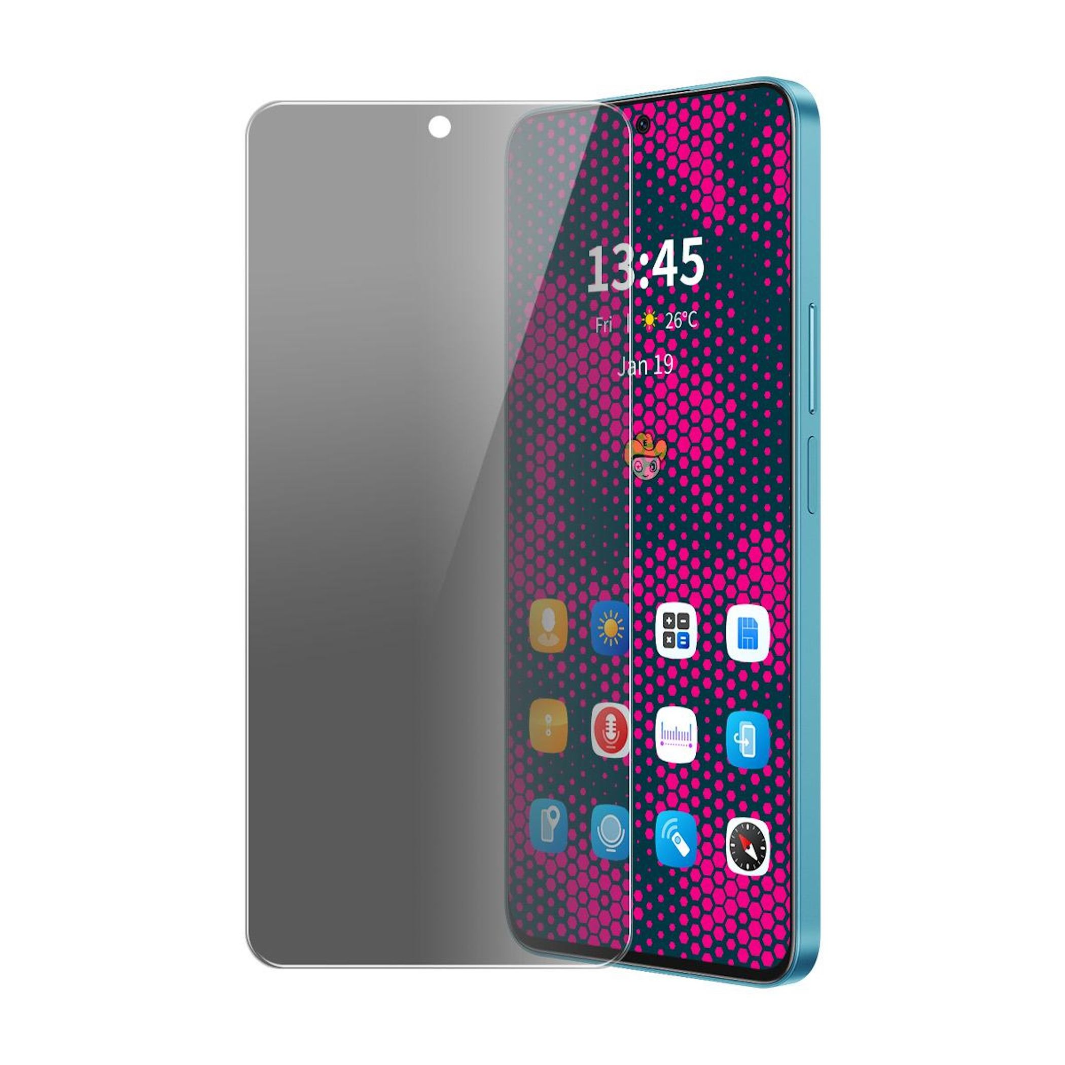 Ein Smartphone mit Uhrzeit, Datum und Symbolen. Hat eine Displayschutzfolie. Der Hintergrund des Bildschirms hat ein rosa-schwarzes Muster.