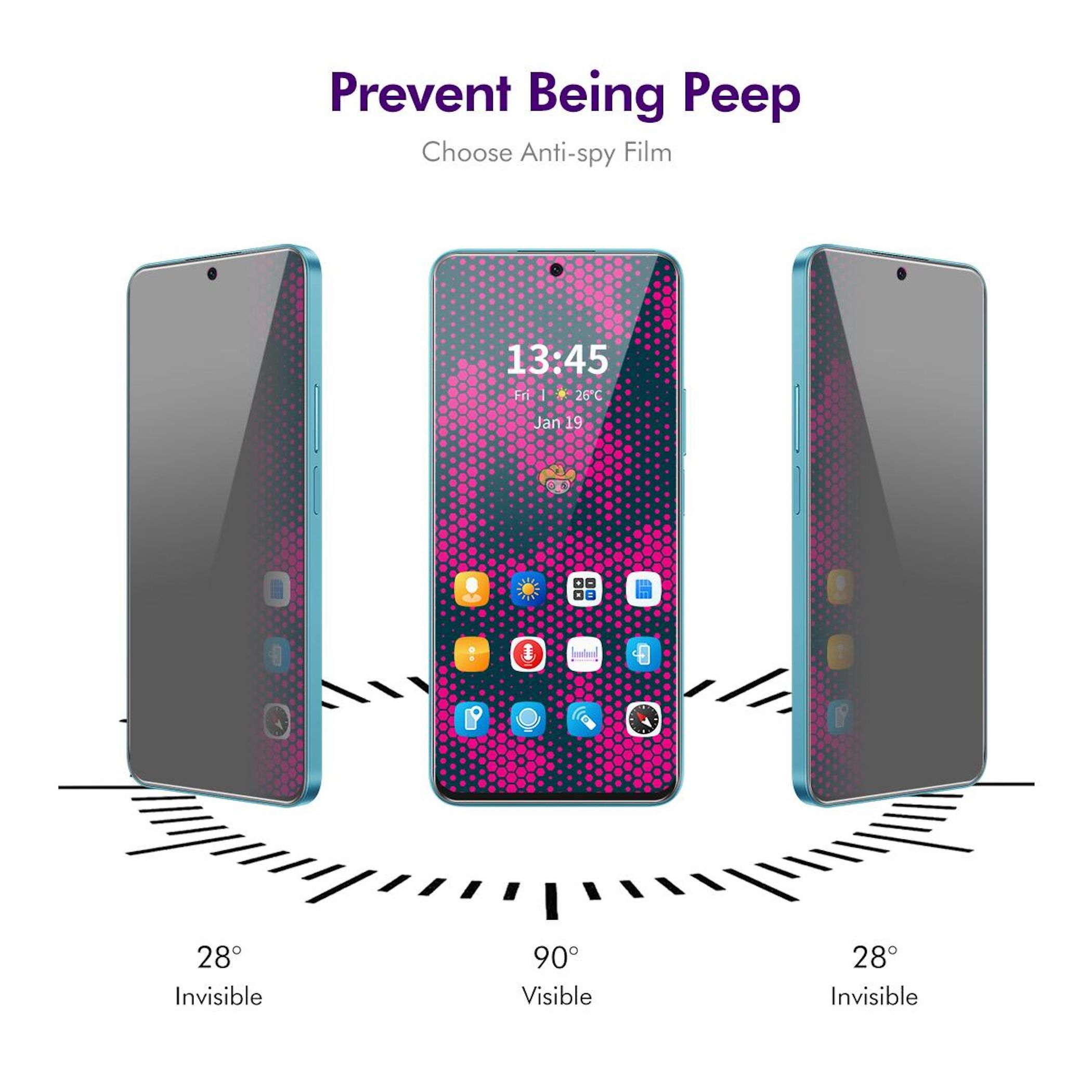 Drei Smartphones mit Anti-Spy-Folie. Das mittlere Telefon zeigt einen Startbildschirm mit App-Symbolen und der Uhrzeit.