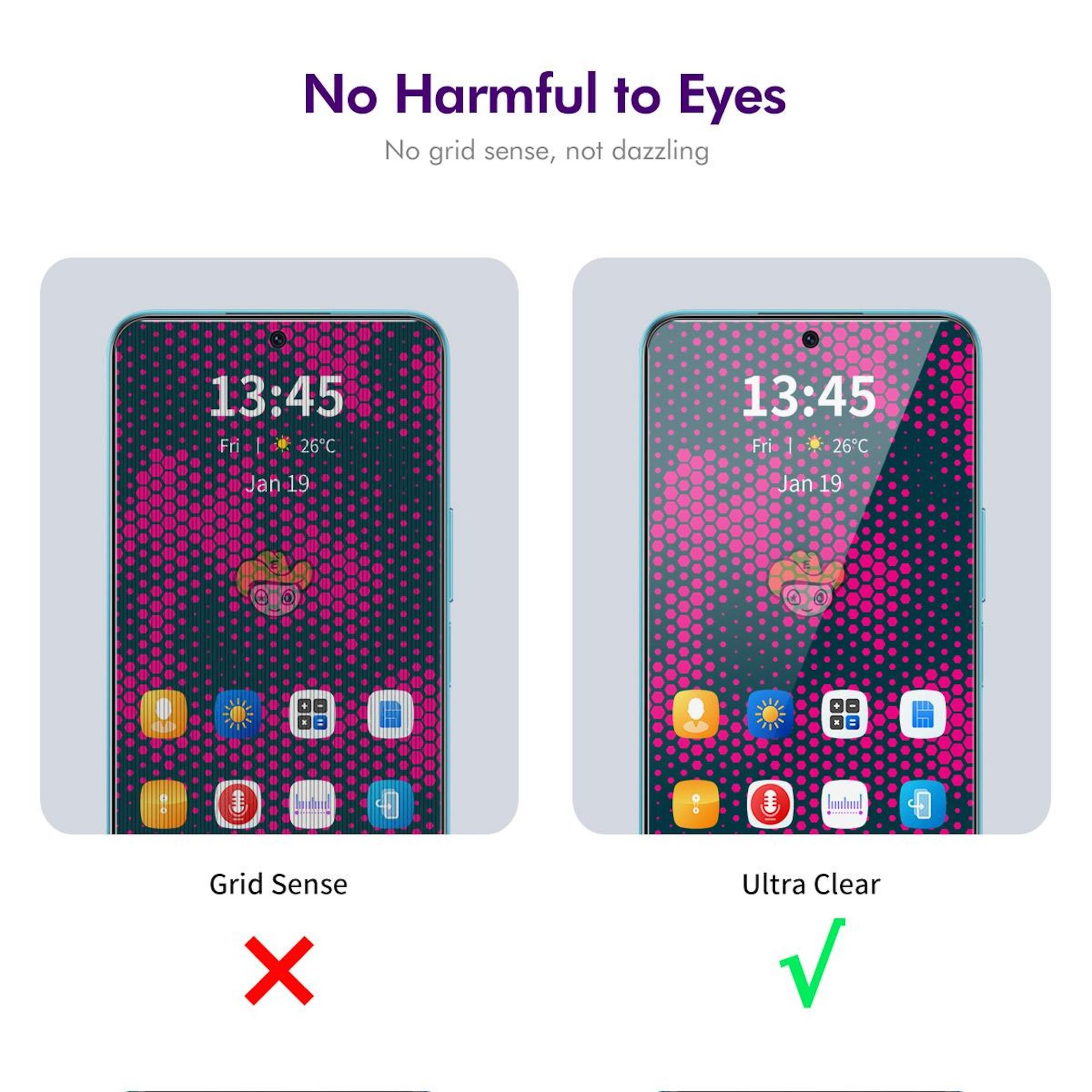Das Bild zeigt zwei Handys, eines mit Raster und eines ohne. Der Text lautet 'Keine schädlichen Auswirkungen auf die Augen'.