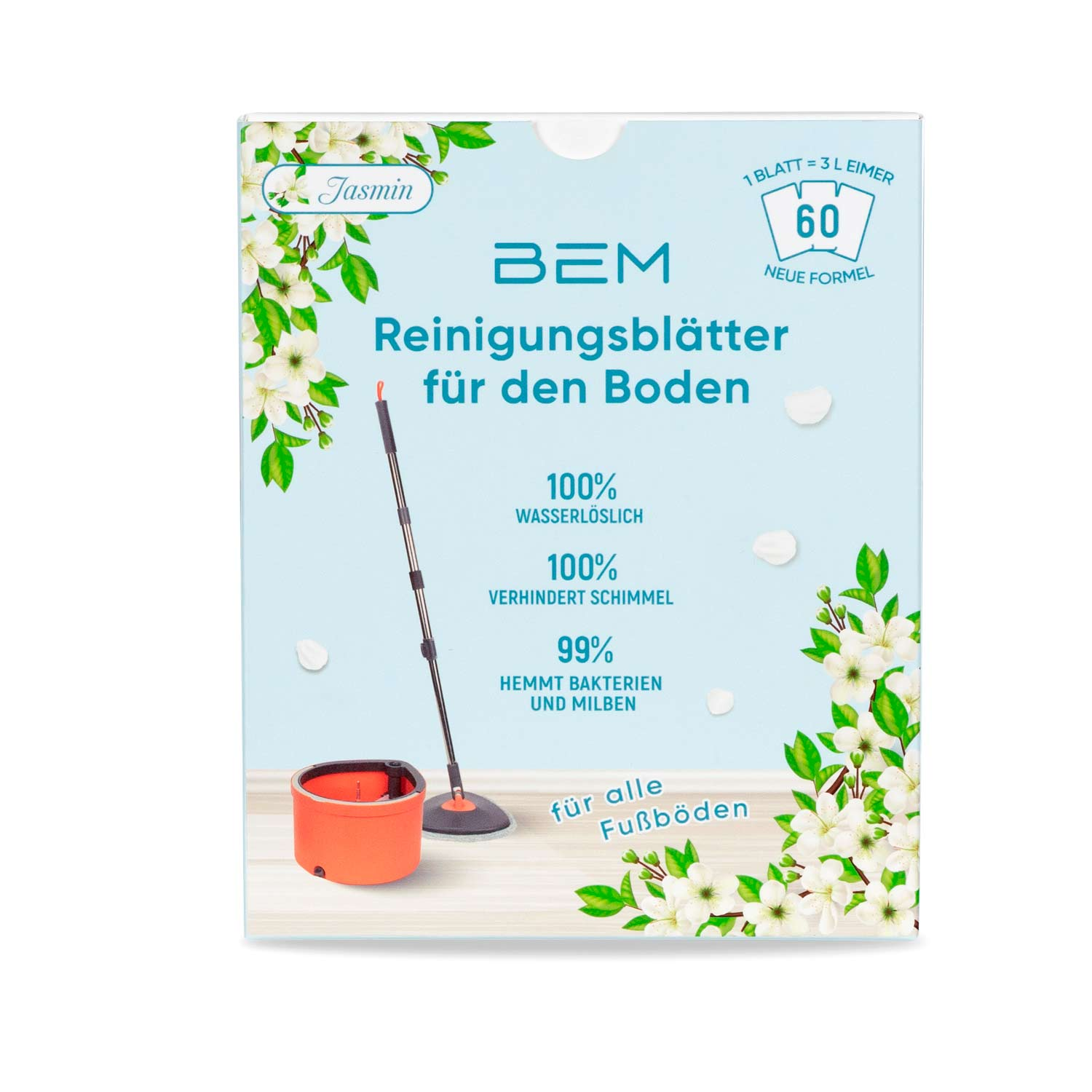 Eine Produktbox für Bodenreinigungstücher. Es hat einen Mopp und einen Eimer. Die Box hat Text auf Deutsch und Jasminblüten als Dekoration.