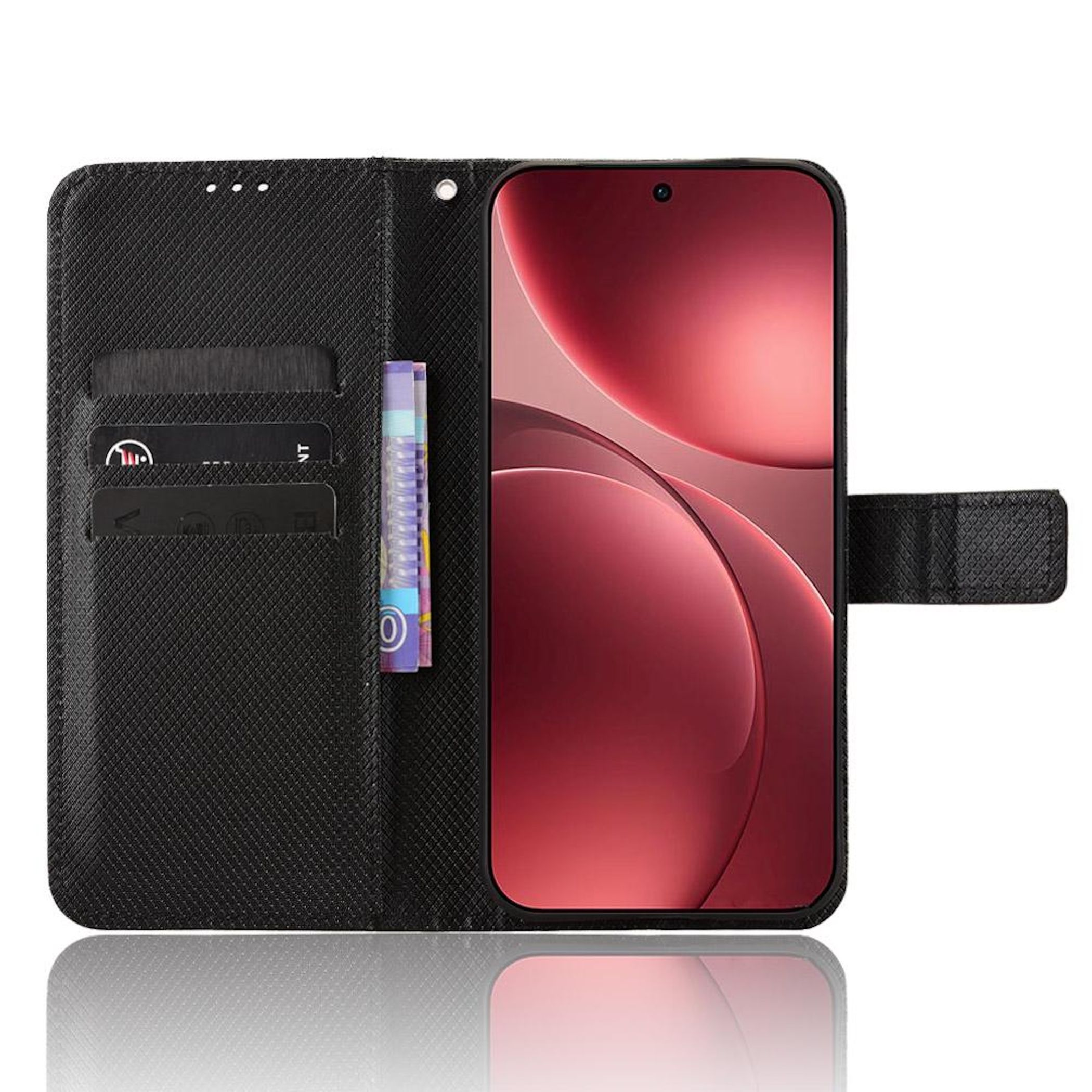 Ein Telefon in einer schwarzen Brieftasche. Der Bildschirm des Telefons ist rot. Kreditkarten und Geld sind im Etui sichtbar.