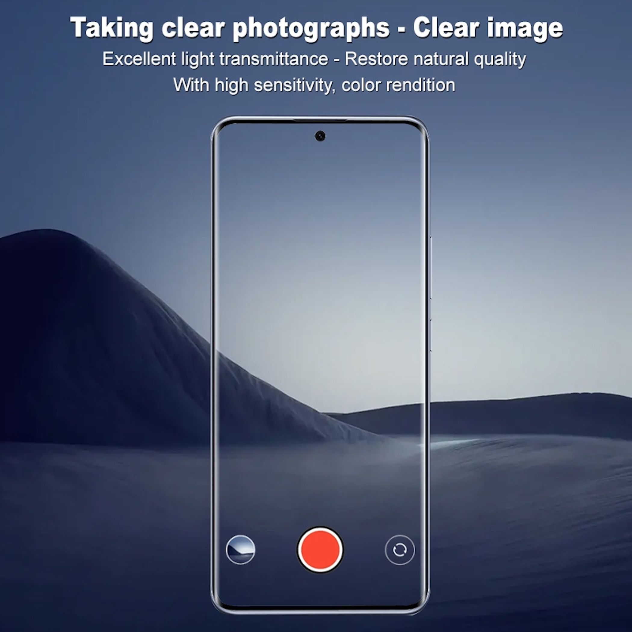 Ein Smartphone-Bildschirm zeigt eine Landschaft. Das Telefon hat eine Kameraoberfläche mit einem großen roten Kreis.