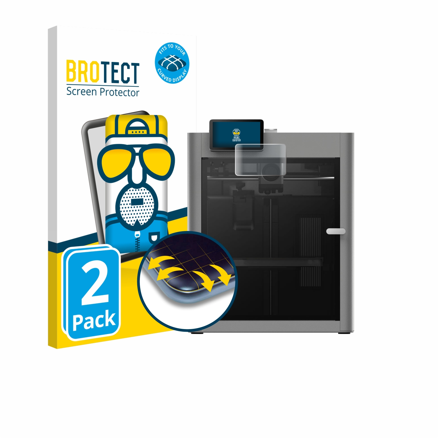 Eine Displayschutzfolienpackung mit einer Cartoonfigur, einem Etikett für gebogene Displays und einem 3D-Drucker im Hintergrund.