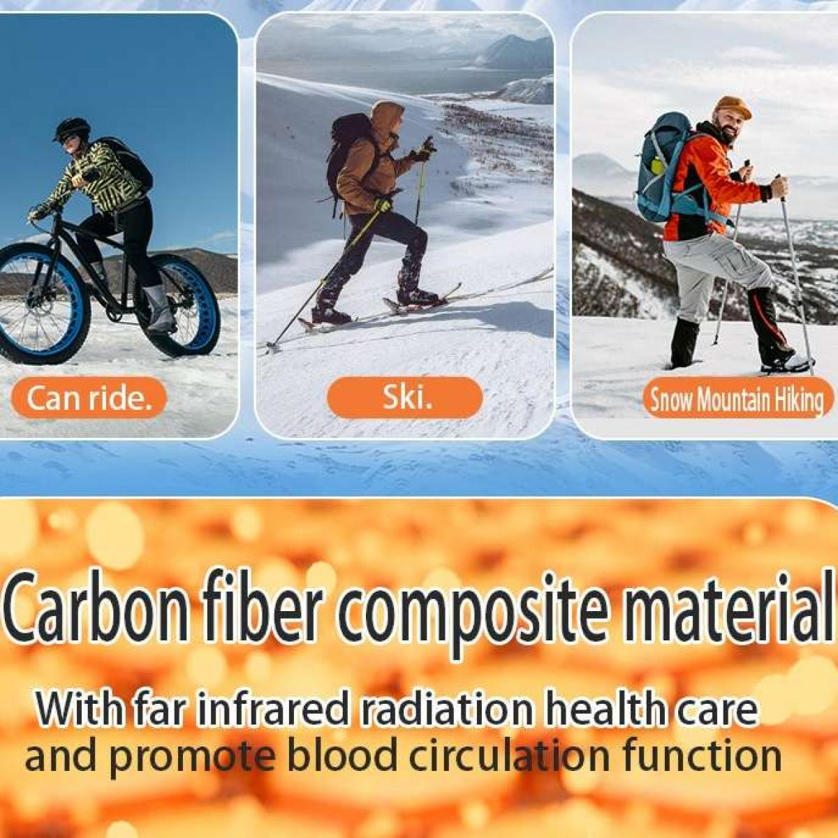 Das Bild zeigt drei Aktivitäten: Radfahren, Skifahren und Bergwandern im Schnee. Der Text wirbt für Kohlefaser-Verbundwerkstoff mit gesundheitlichen Vorteilen.