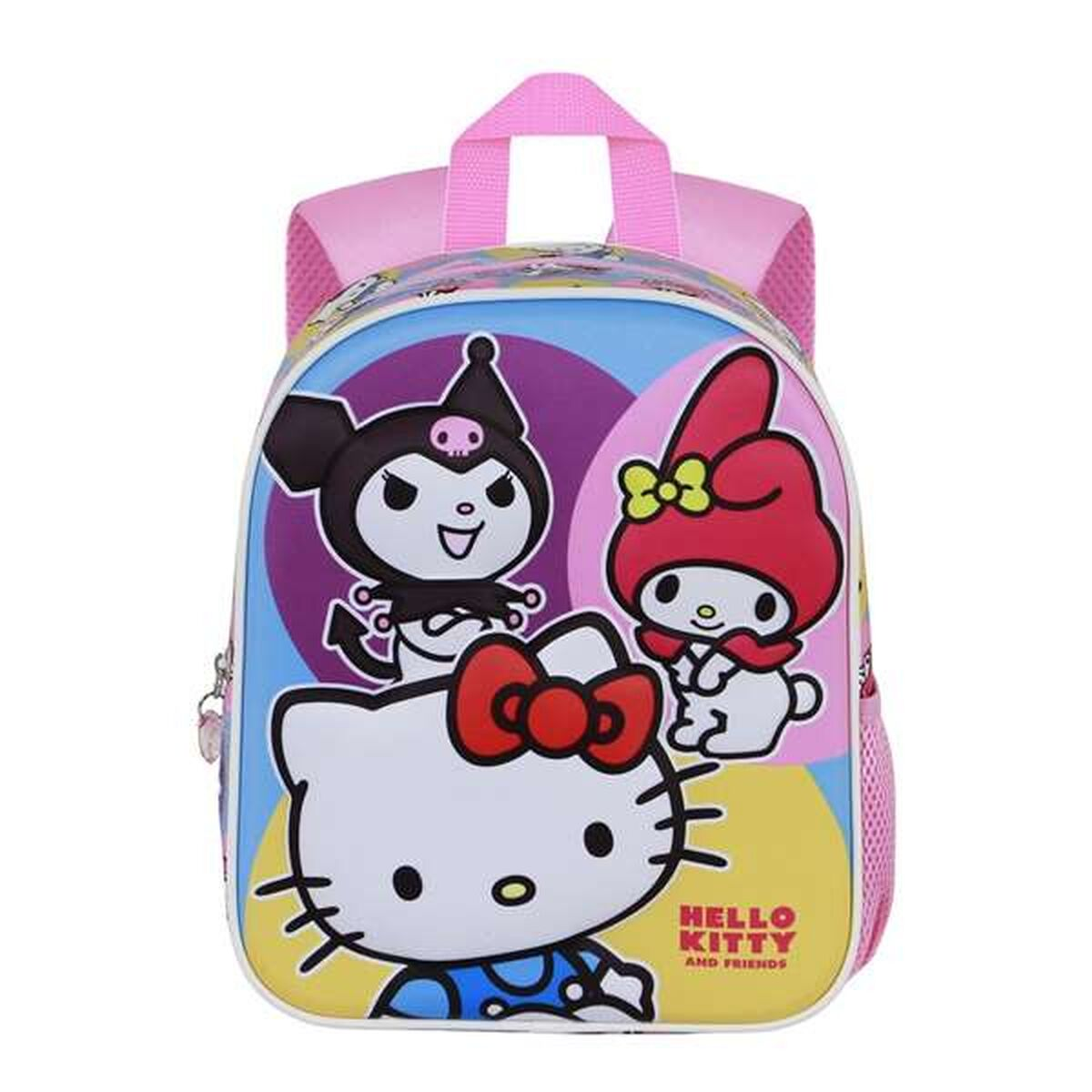 Ein Hello Kitty-Rucksack mit den Figuren Kuromi, My Melody und Hello Kitty. Er hat einen rosa Griff und ein Seitnetz.