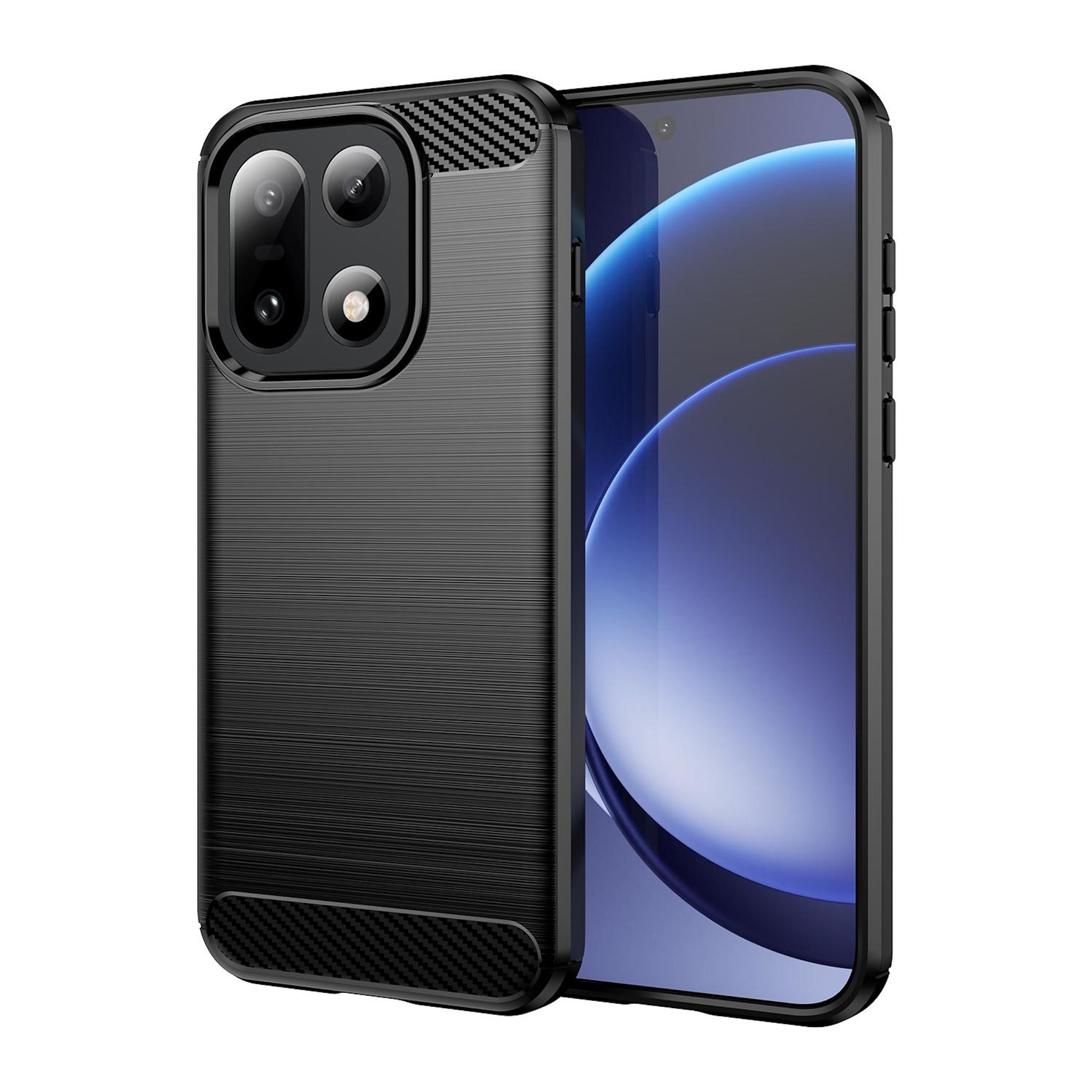 Schwarze Handyhülle mit Kameraausbuchtung und ein Telefonbildschirm mit blauem und weißem Design.