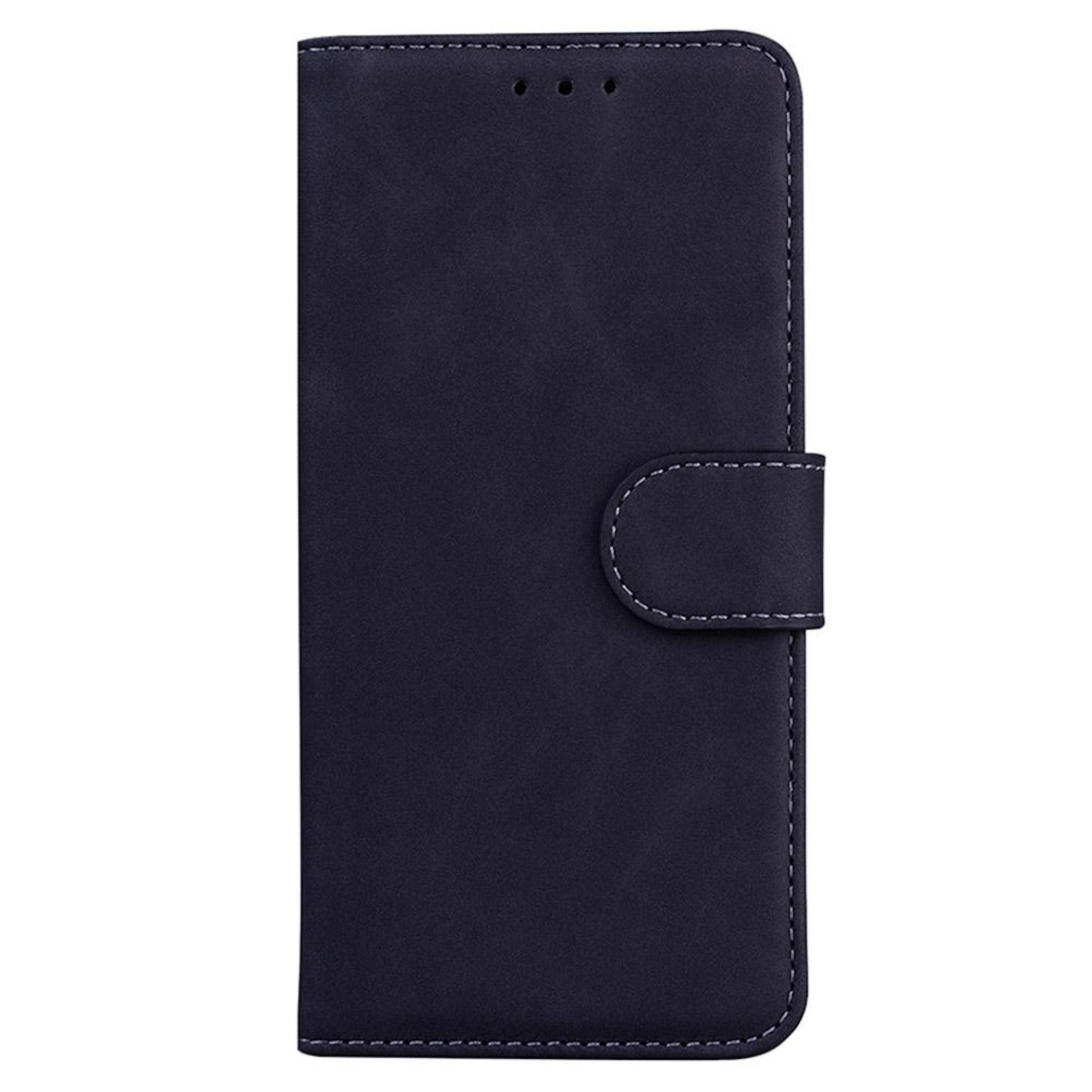 Una funda de teléfono azul oscuro. La funda tiene un cierre magnético y costuras en los bordes. Tres agujeros arriba.