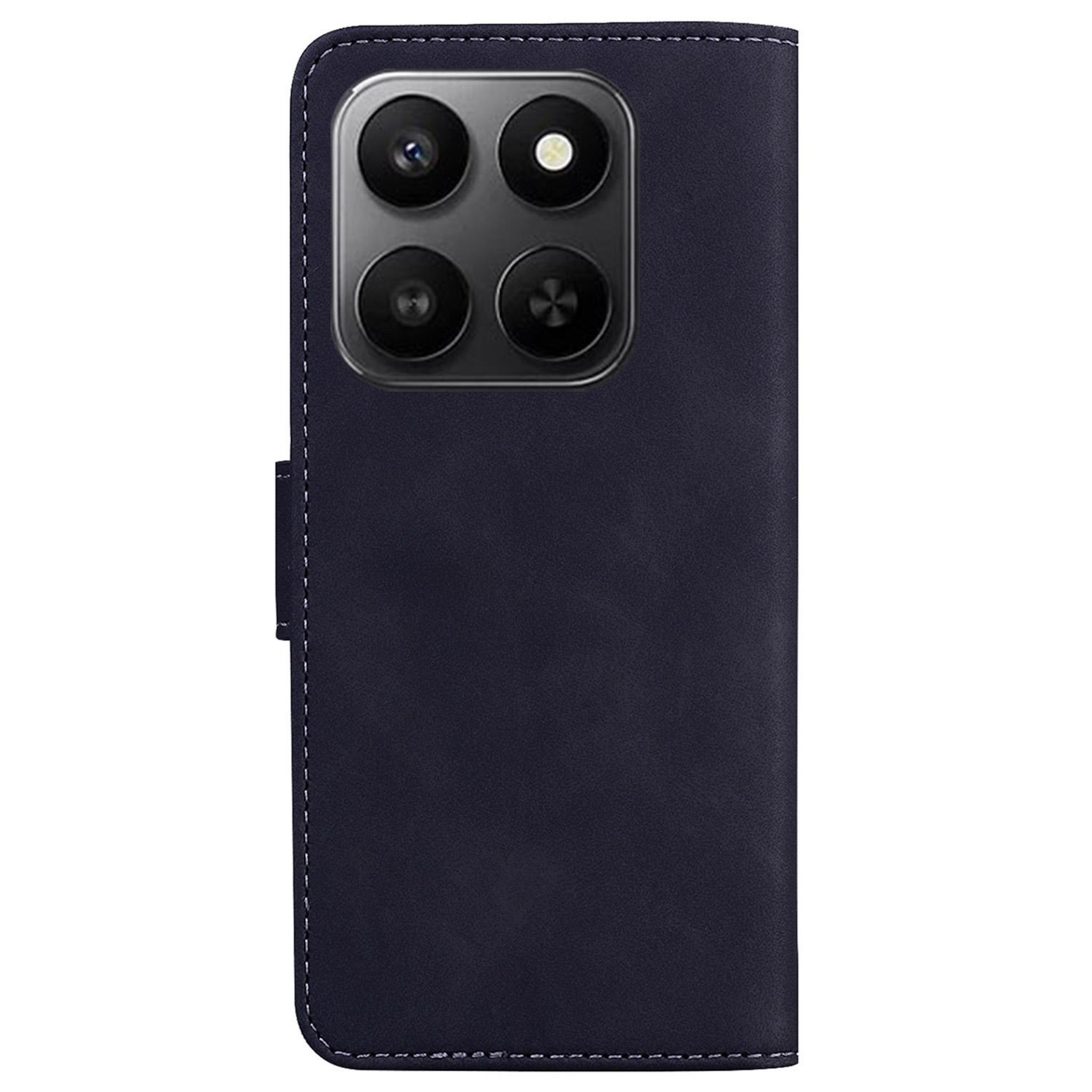 Funda de teléfono azul oscuro con cuatro lentes de cámara. Costuras blancas perfilan los bordes.