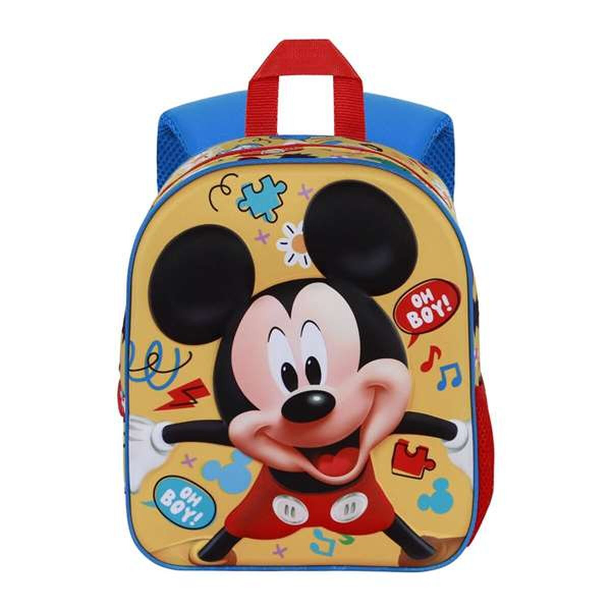 Micky Maus Rucksack. Gelber Hintergrund mit Mickys Gesicht, Arme ausgestreckt. Roter Griff und Träger, blaues Netz an den Seiten.