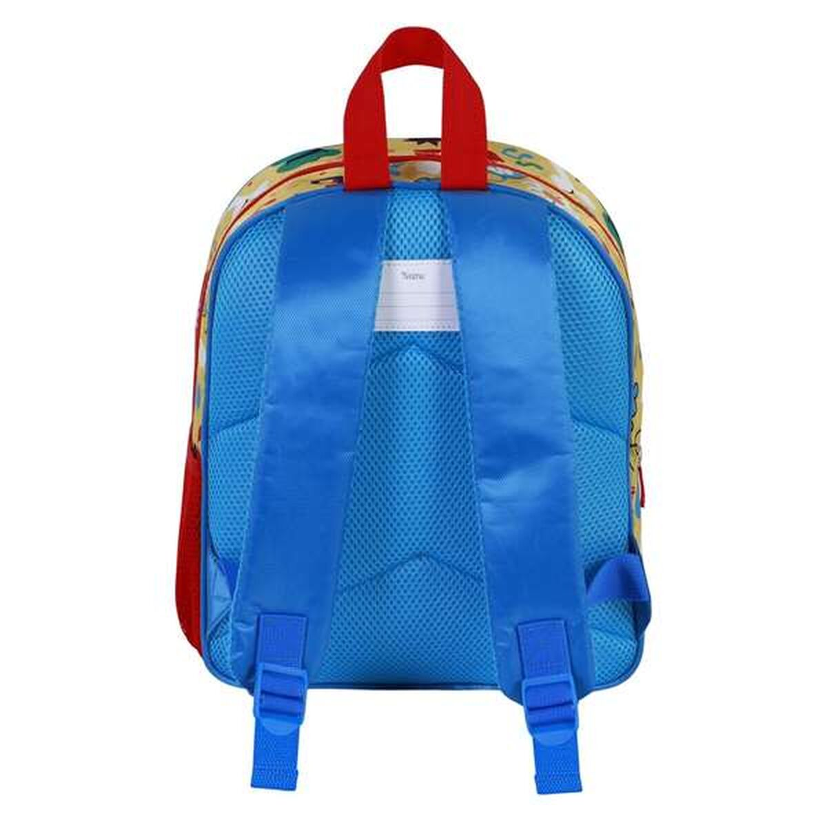 Ein blauer Rucksack mit roten Trägern. Er hat blaue Schultergurte, einen roten Griff und eine gelbe Oberseite mit Cartoon-Designs.