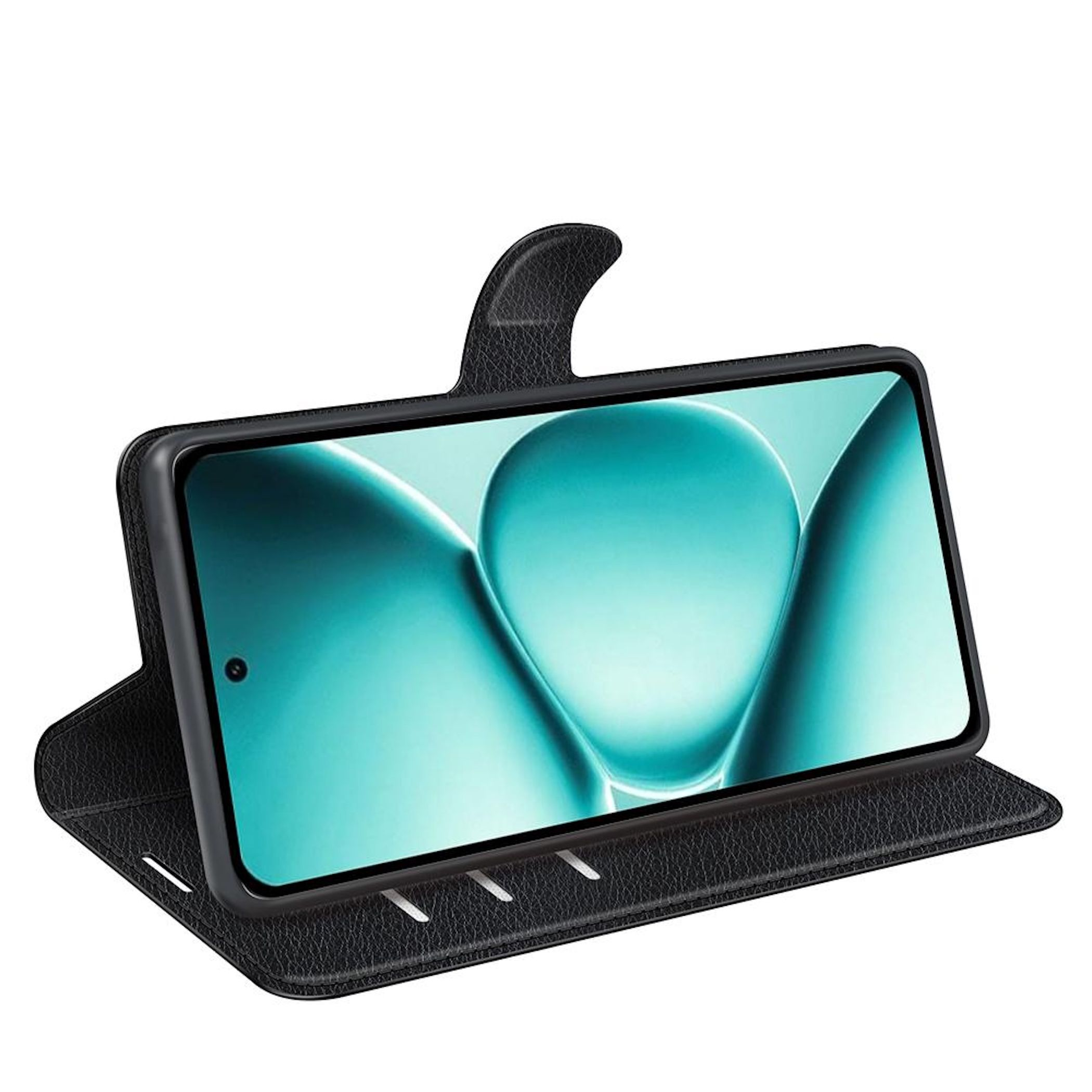 Schwarze Handyhülle mit einem Telefon, das ein blaues und grünes Design zeigt. Die Hülle ist geöffnet.