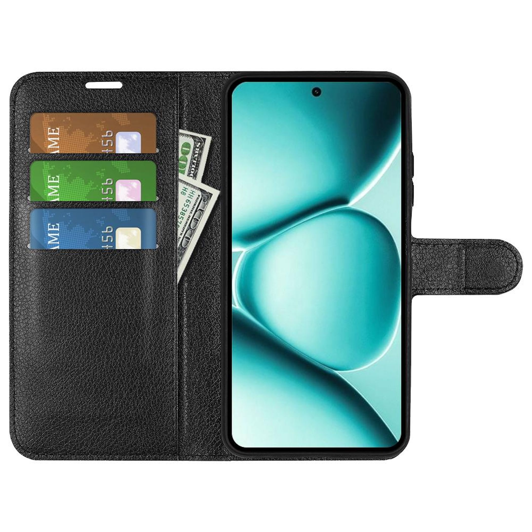 Schwarze Handyhülle mit Telefon. Kreditkarten und ein 100-Dollar-Schein sind in der Hülle.