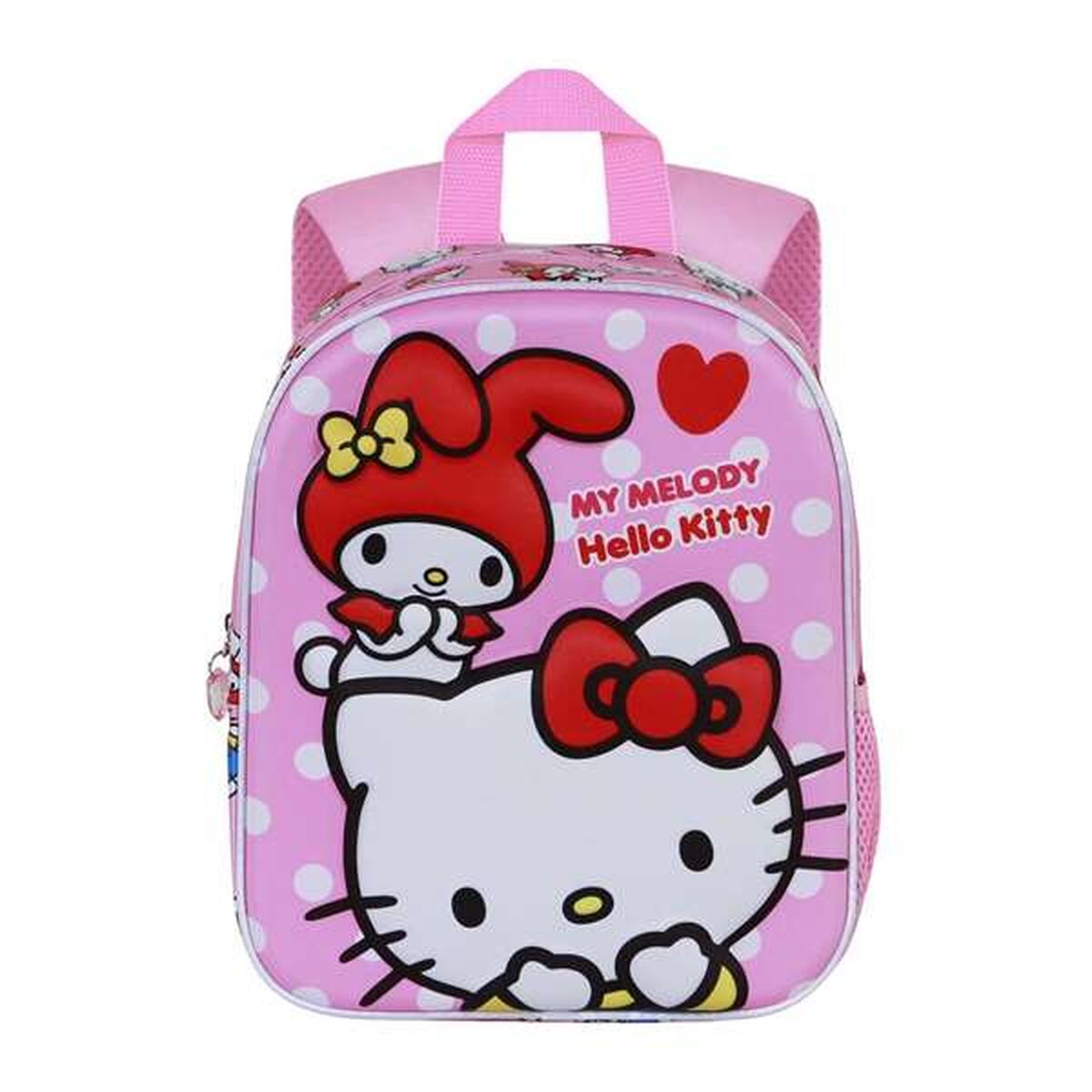 Rosa Rucksack mit My Melody- und Hello Kitty-Design. Er hat weiße Tupfen, eine rote Schleife und einen oberen Griff.
