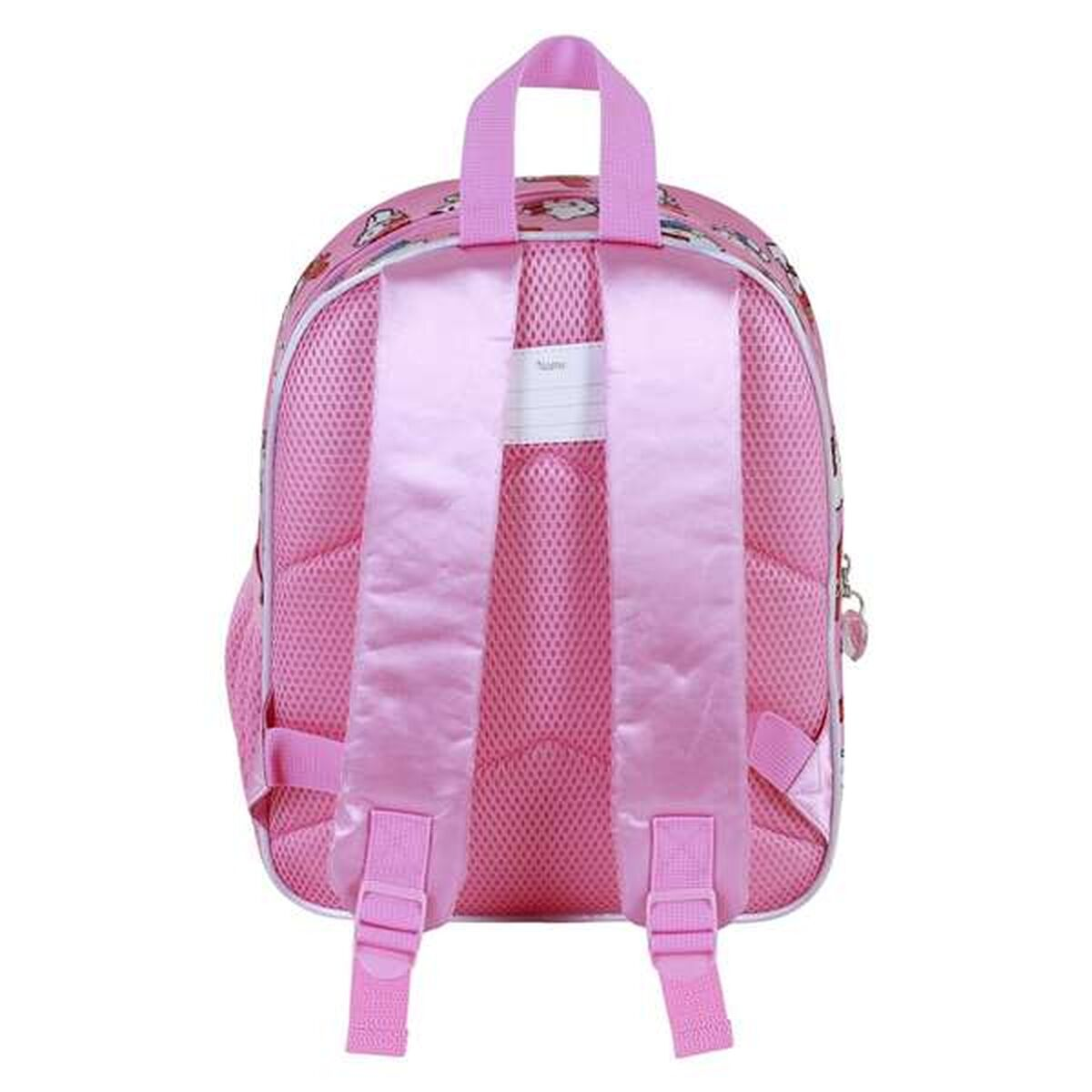Ein rosa Rucksack mit Hello Kitty-Designs. Er hat gepolsterte Träger, einen Griff und verstellbare Träger. Der Hintergrund ist weiß.