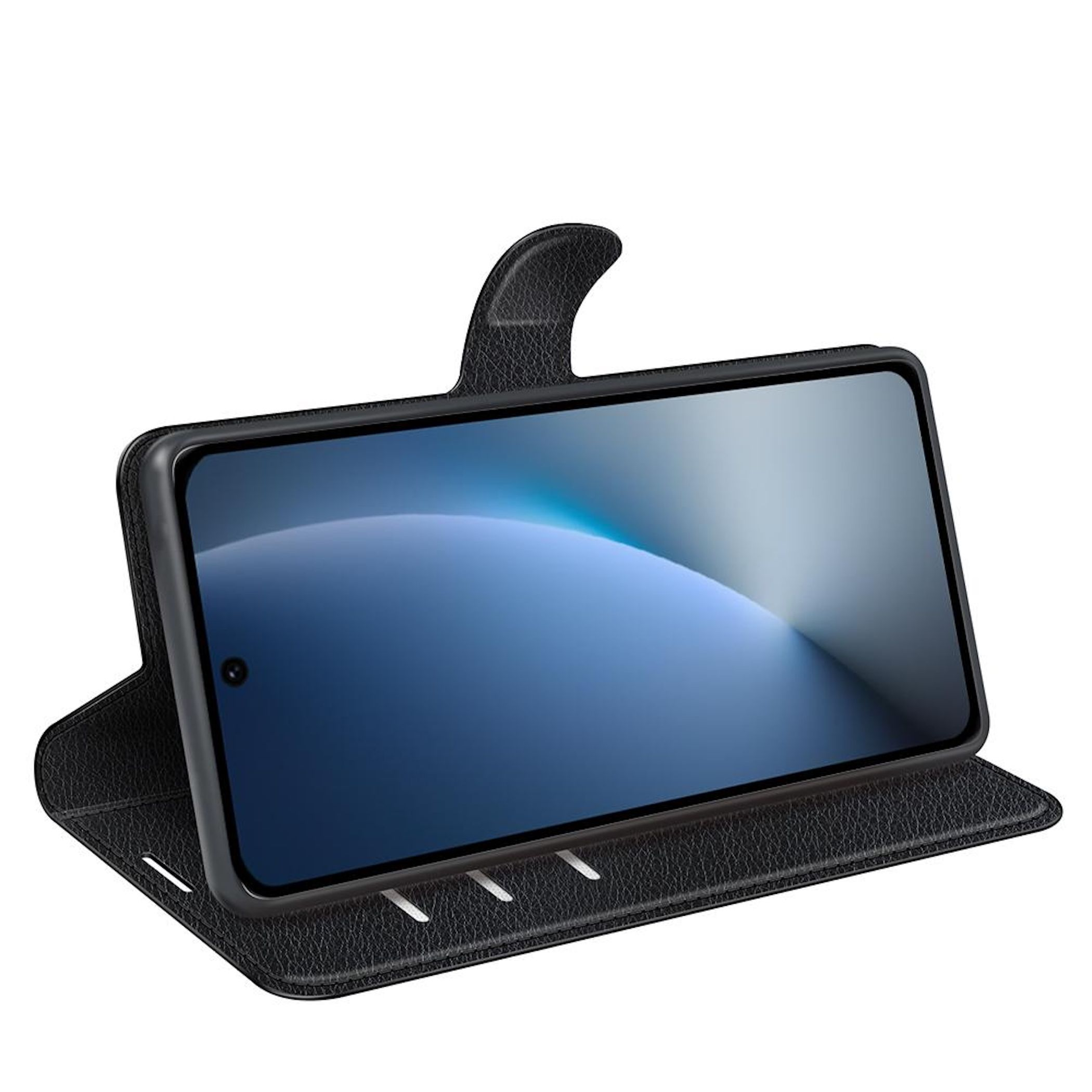 Schwarze Handyhülle mit Telefon. Der Bildschirm zeigt einen blau-weißen Farbverlauf.