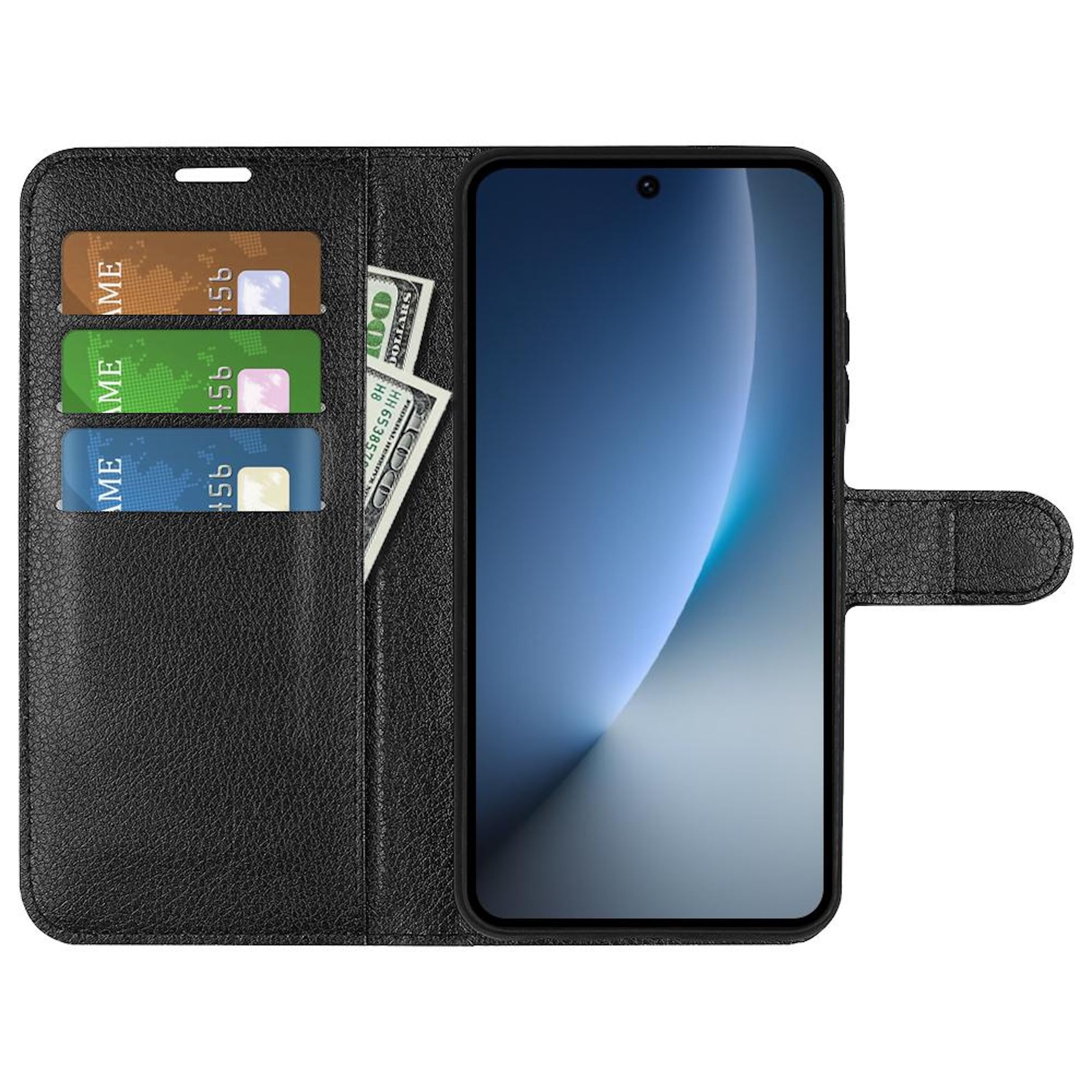 Schwarze Handyhülle mit Handy und Karten. Hundert-Dollar-Scheine sind ebenfalls vorhanden. Die Hülle ist geöffnet.