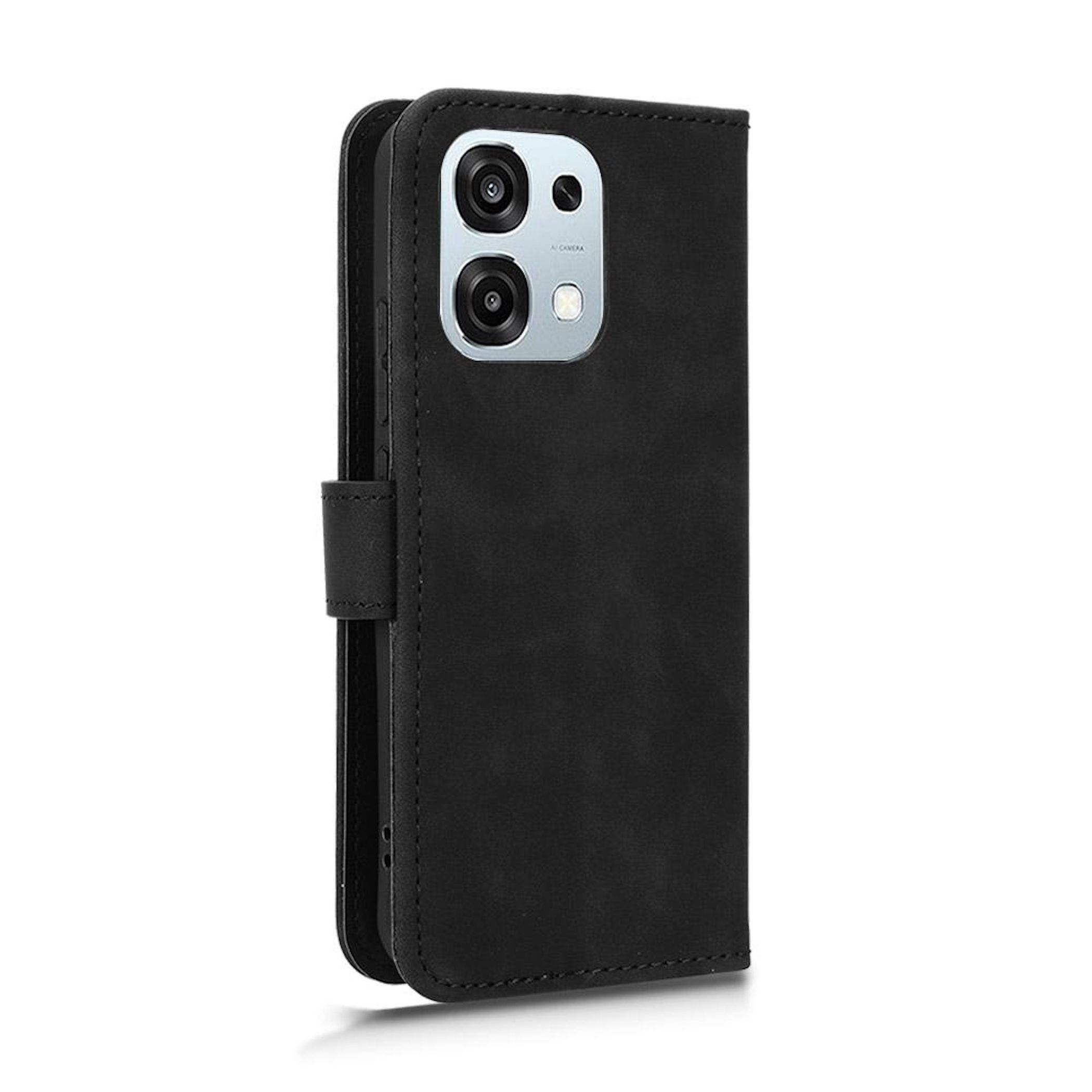 Eine schwarze Leder-Handyhülle mit Kameraausschnitt wird gezeigt. Sie hat einen magnetischen Klappenverschluss.