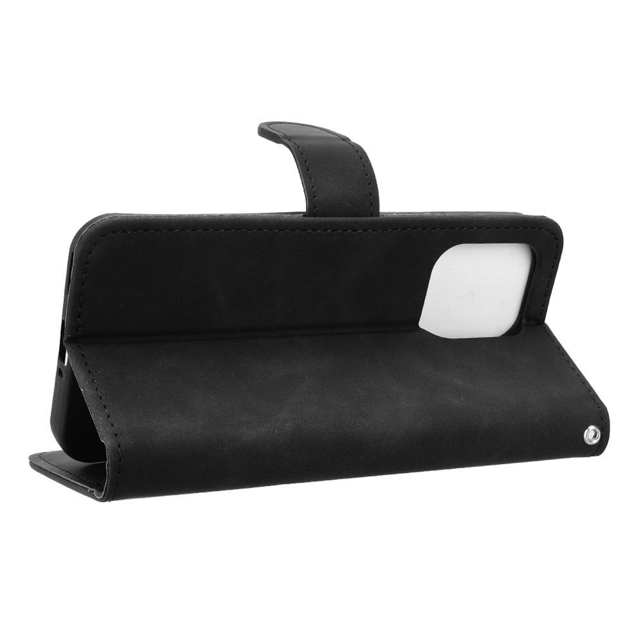 Schwarze Leder-Handyhülle, offen. Mit Laschenverschluss und Aussparung für die Kamera. Weißer Hintergrund.