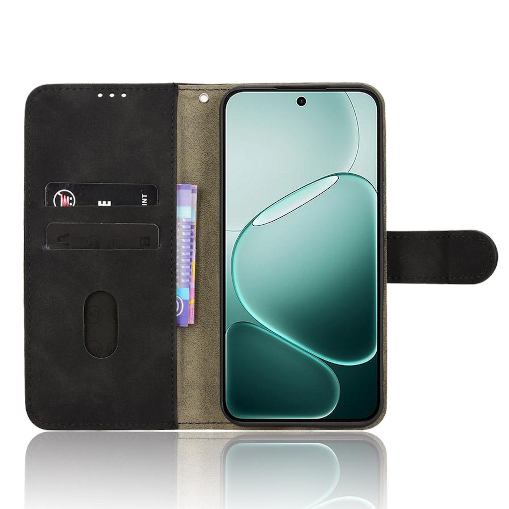 Ein Telefon in einer schwarzen Lederhülle wird geöffnet angezeigt. Der Bildschirm ist eingeschaltet. Es gibt Kartenfächer und einen Magnetverschluss.