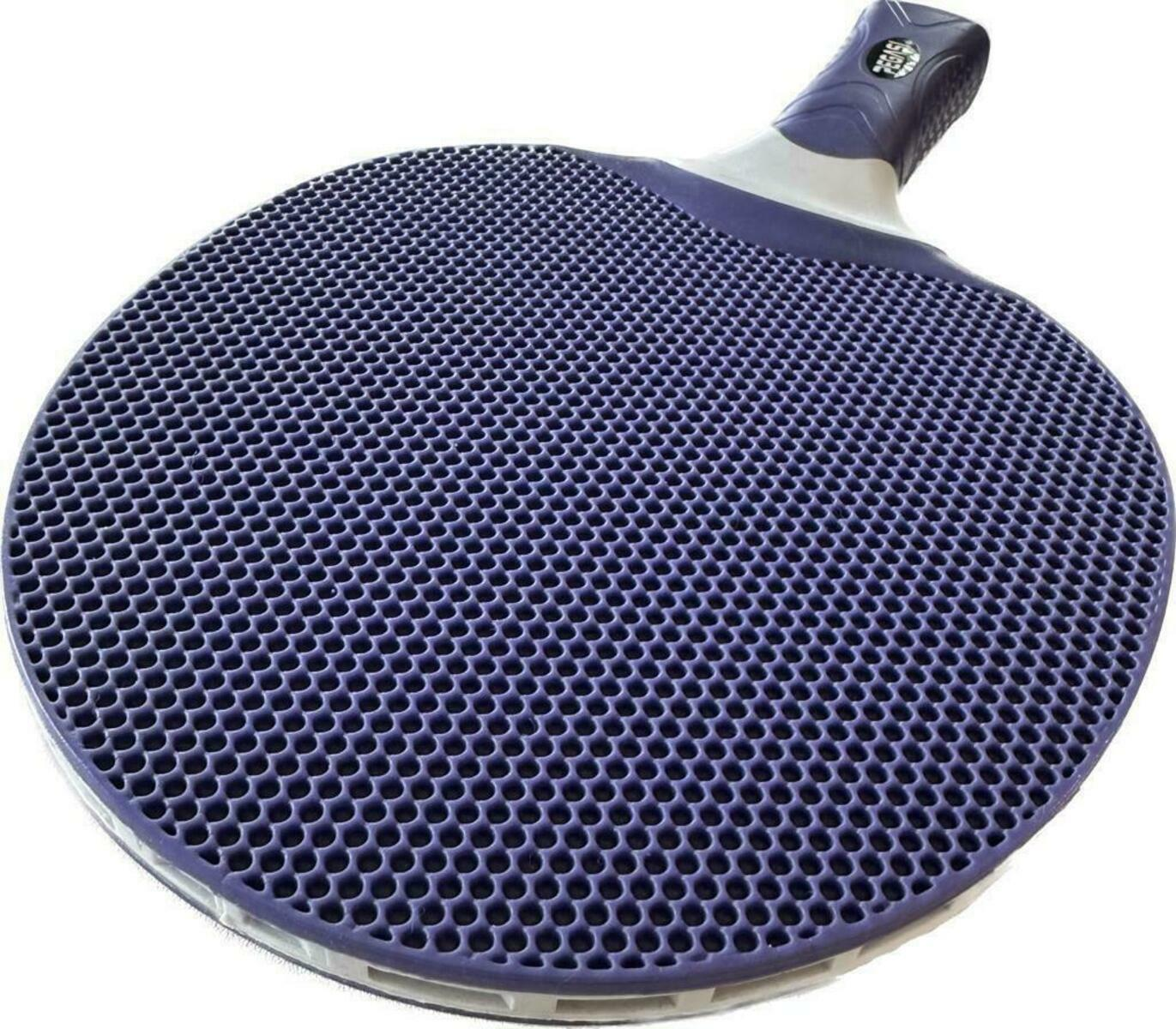 A blue ping pong paddle with a textured surface and a gray handle. The surface has many small holes.