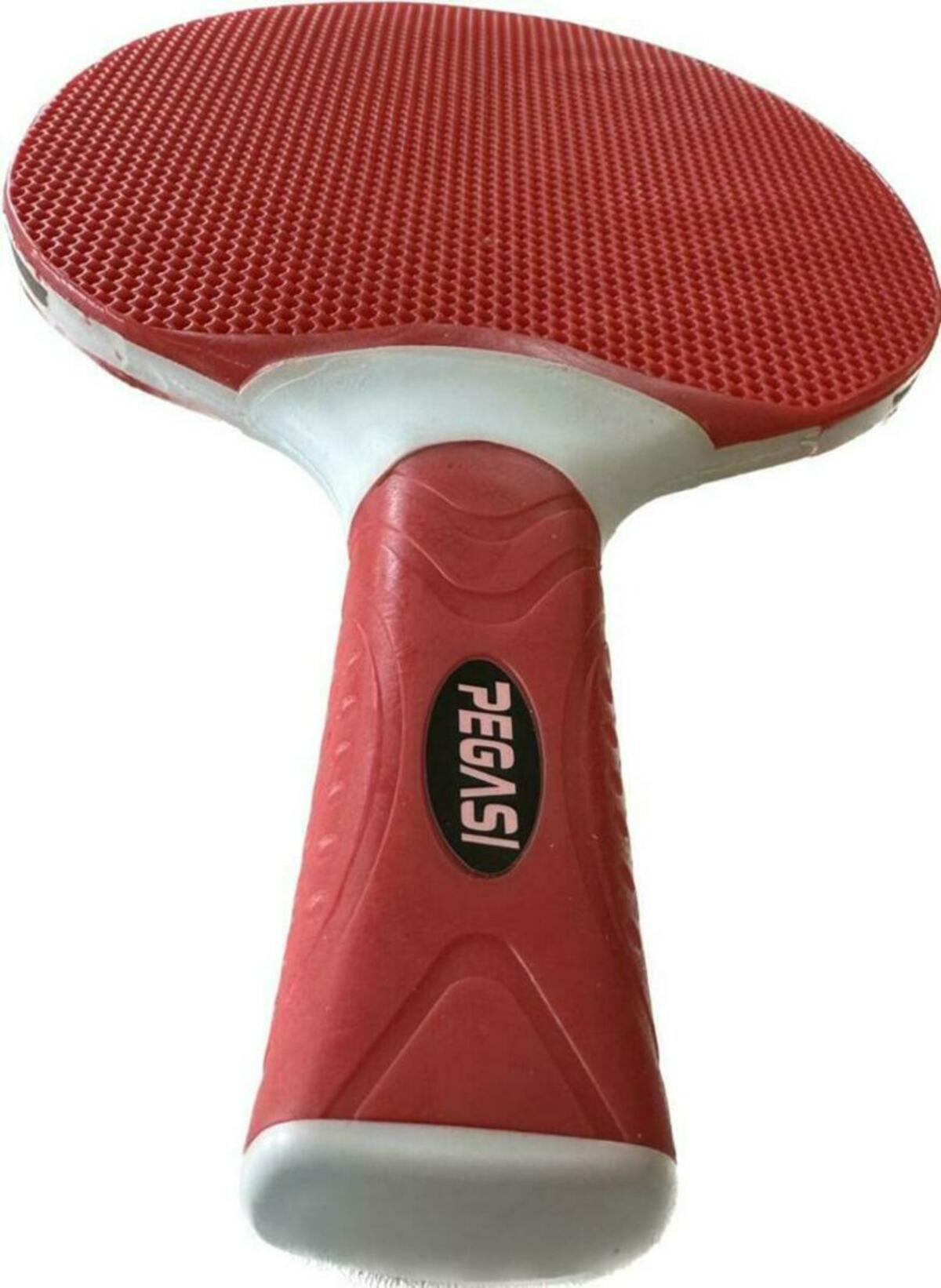 A red and white table tennis paddle. The paddle has a red rubber surface and a red handle with the brand name 'PEGASI'.
