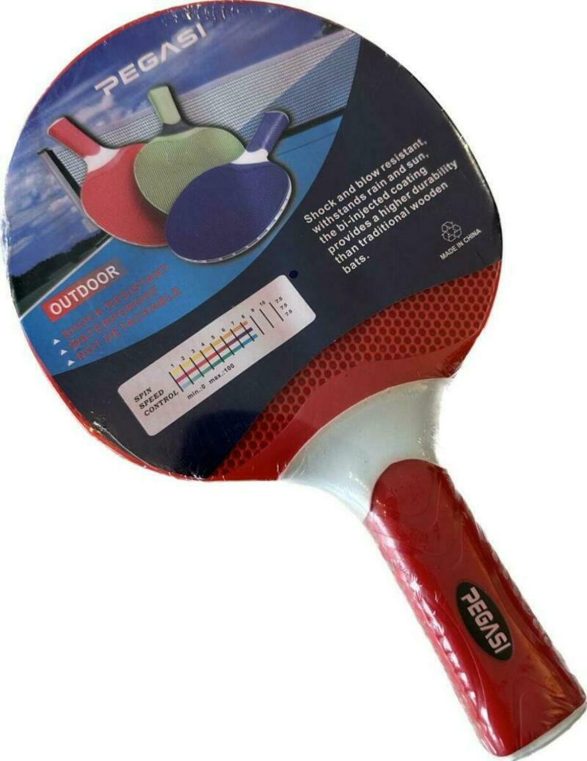 A red and white table tennis racket with a blue and red paddle. The packaging shows three paddles and text.
