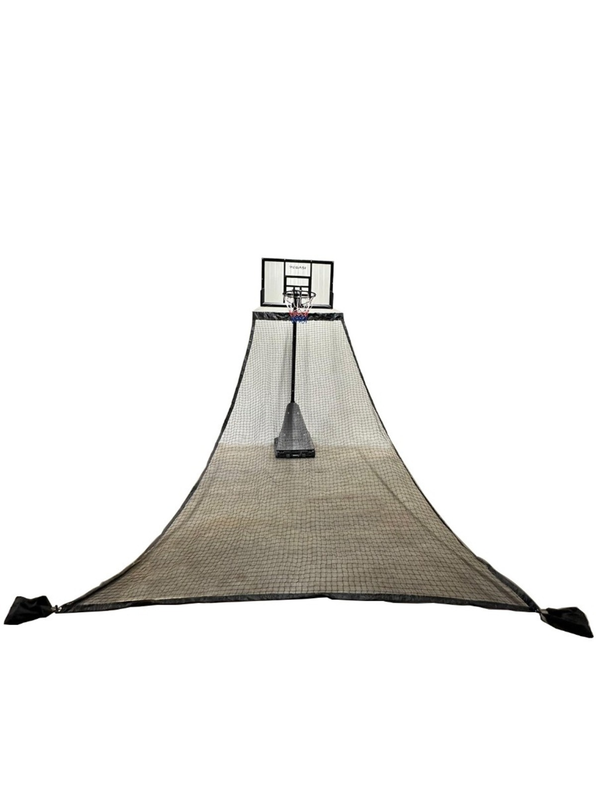 A basketball hoop with a net attached to a wide net. The net spans down to the ground. White background.