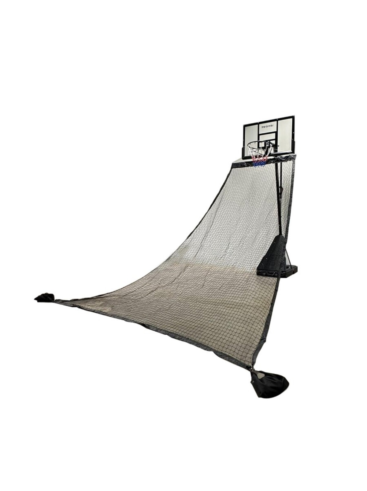 Basketball hoop with a net, black support, and a backboard. A large net extends from the hoop to the ground.