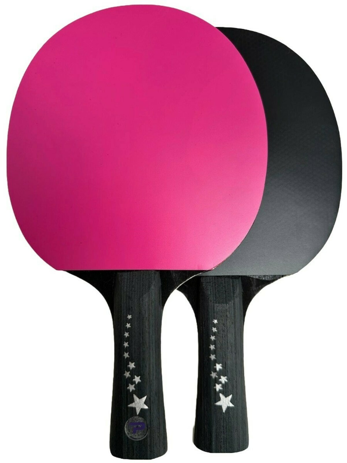 Two table tennis rackets. One is pink, the other black. Both have black handles decorated with stars.