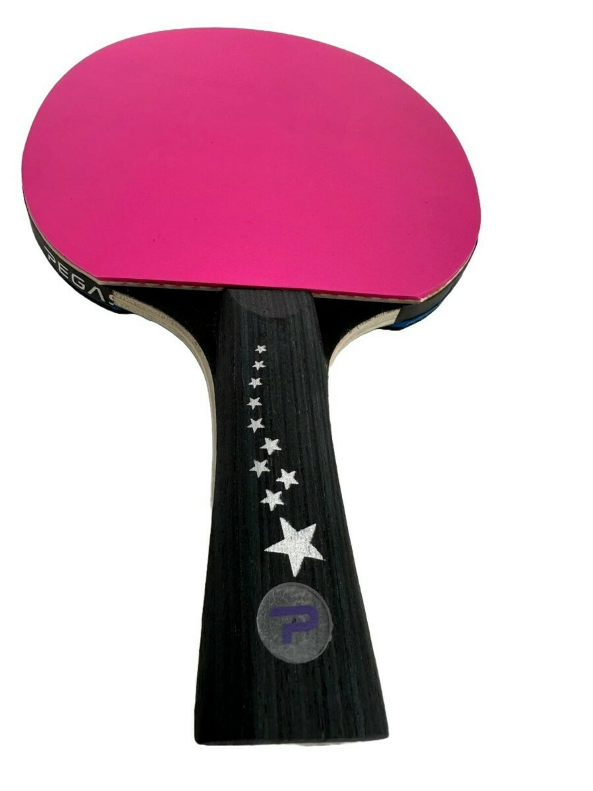A pink ping pong paddle with a black handle decorated with white stars.