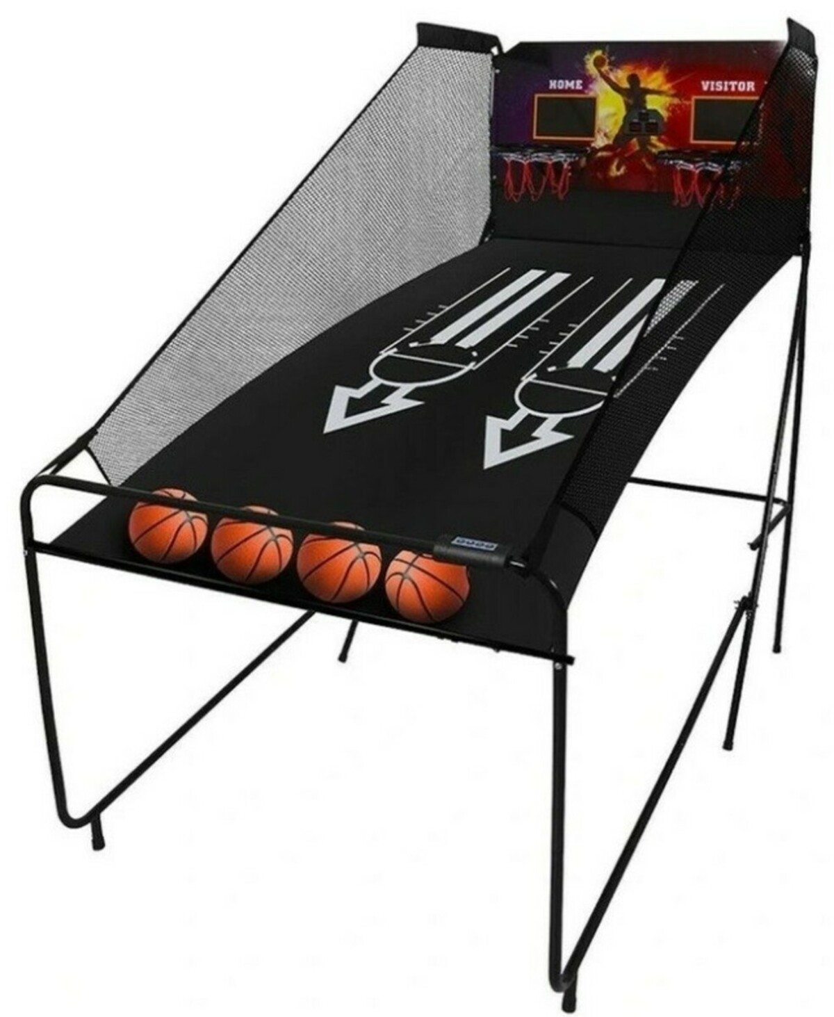 Een basketbal arcadespel. Beschikt over een zwart oppervlak met witte lijnen, netten en verschillende oranje basketballen.