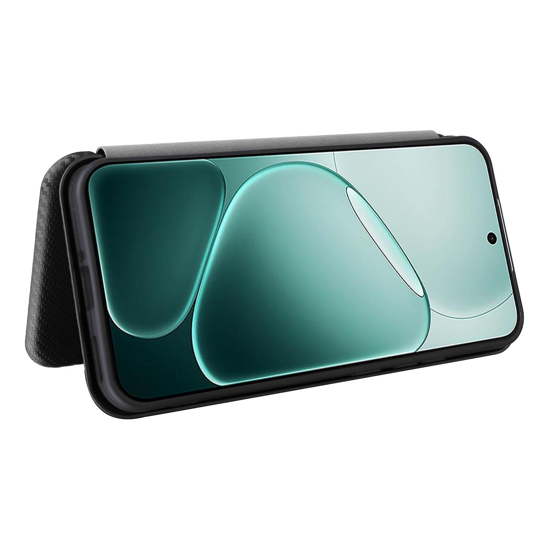Ein Smartphone in einer Hülle, Bildschirm nach oben. Der Bildschirm hat grüne Formen. Die Hülle ist schwarz und grau.