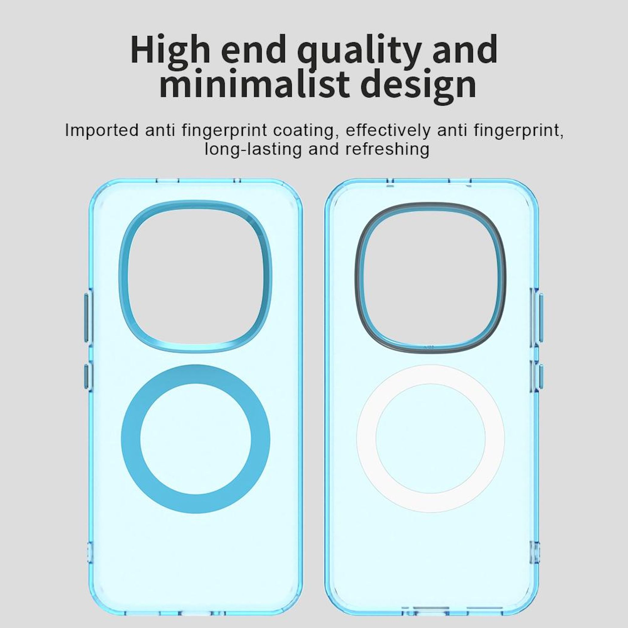 Dos fundas transparentes para teléfono con recortes circulares. El texto dice 'Diseño minimalista y de alta calidad'.