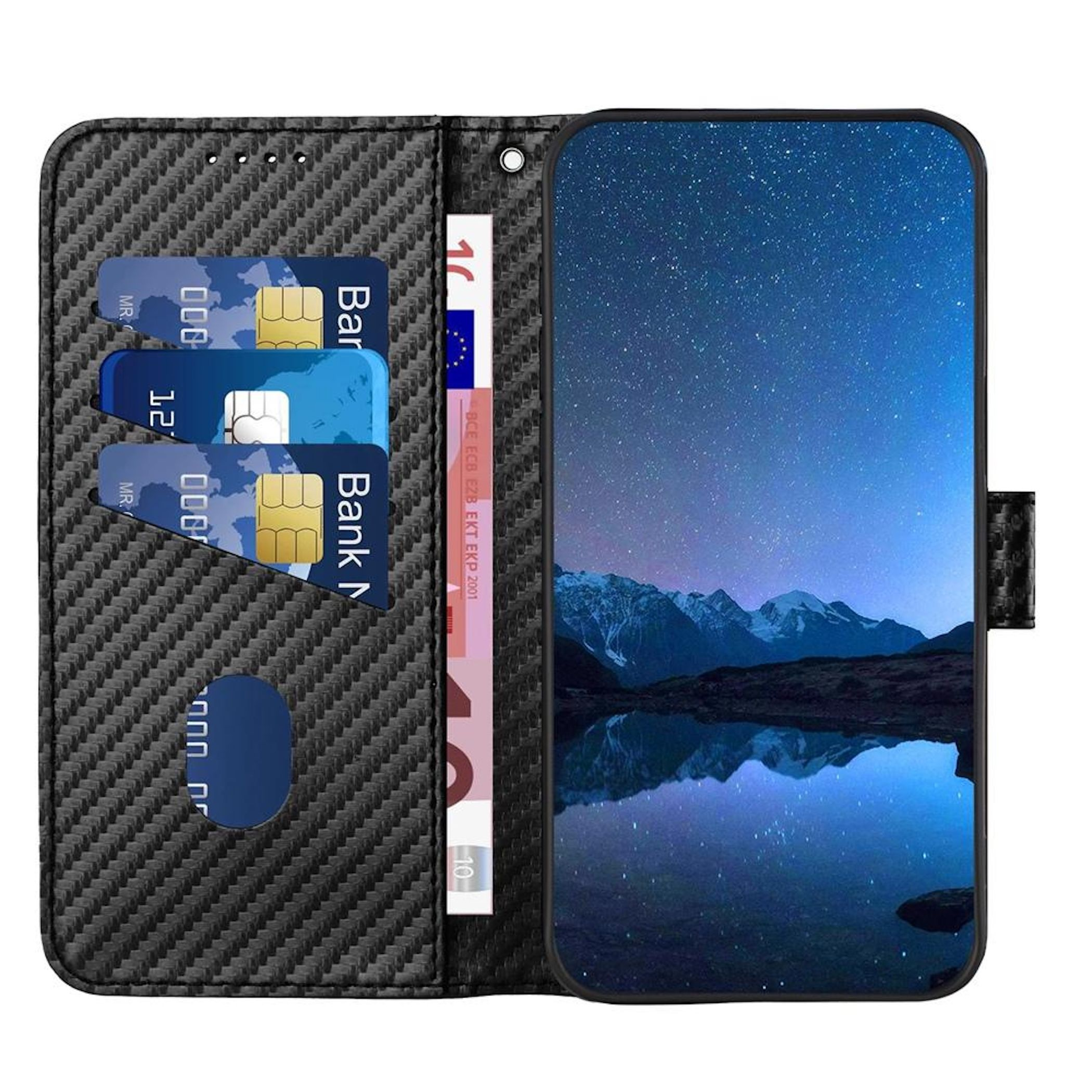Eine Handyhülle mit Kreditkarten und einem 10-Euro-Schein. Das Telefon zeigt eine Nachtlandschaft.